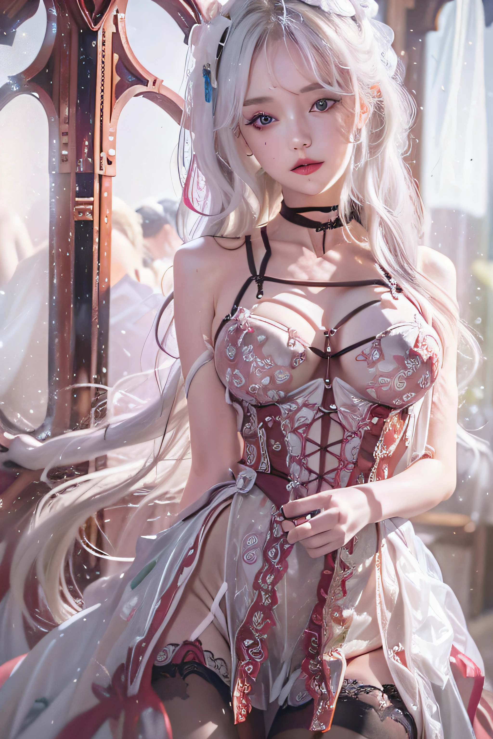 (a closeup)、(from below)、((1girl in))、(in her 20s)、((Long))、((Pattsun bangs))、((white hair))、(looking at view)、((Black see-through dress))、(corsets)、(Photoreal Stick:1.2)、in 8K、(High quality shadows)、Detail Beautiful delicate face、Detail Beautiful delicate eyes、Cute K-pop Idol、(Korean Urzan Face)、(ulzzang -6500-v1.1:0.6)、gloweyes、perfectbody、Natural color reproduction、Bright red lipstick、(a choker)、((Eyes reddish-brown))、Shiny hair、Description beautiful delicate hair、(Lustrous skin)、Beautiful stained glass、电影灯光、reflective light、