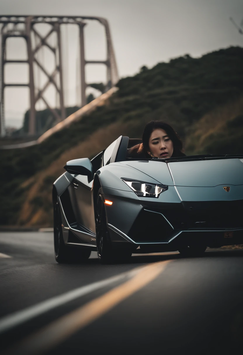 With the Akashi Kaikyo Bridge in the background, Nozomi Honda is driving a Lamborghini