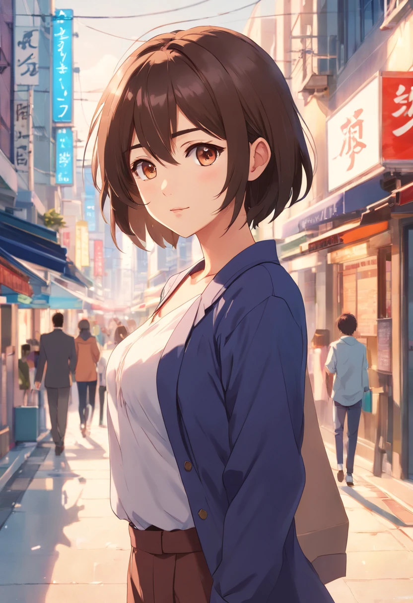 ((Best quality, 8k, Masterpiece :1.3)), Sharp focus :1.2, A pretty woman with perfect figure :1.4, Slender abs :1.2, ((Dark brown hair, Big breasts :1.2)), (White button up long shirt :1.1), City street:1.2, Highly detailed face and skin texture, Detailed eyes, Double eyelid