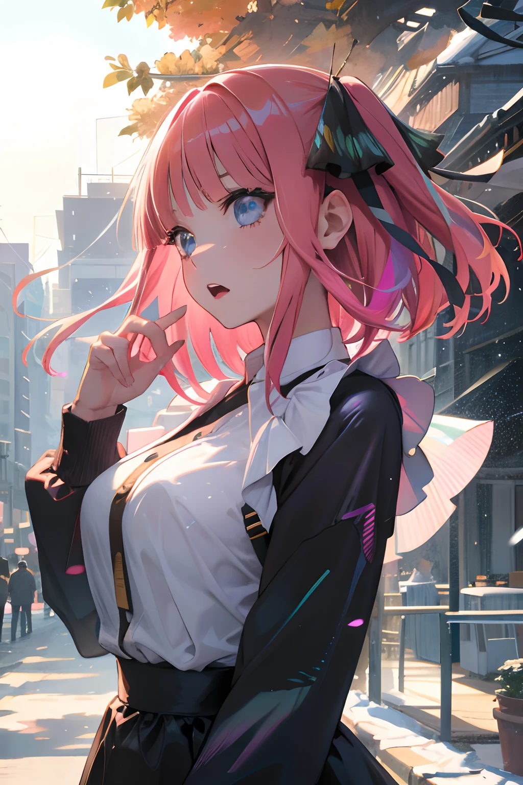 Official art, Unity 8k Wallpapers, ultra-detailliert, Beautifully Aesthetic, masterpiece, top-quality, realisitic, a closeup, Skindentation, interface, A detailed eye, A detailed face, detailed hairs, black backgrounds, straight-on, looking at the viewers, The sheen, Anime, highly detailed with reflections transparent iridescent opaque jacket, Long transparent iridescent RGB hair, 1girl in, Solo, fronds, Long hair, Blurry, Shirt, Parted lips, Outdoors, Floating hair, Long sleeves, White shirt, Bangs, Upper body, Open mouth, tusk, Brown eyes, Wind, Winters,Yuki,snowscape,Blurry background, day, depth of fields, bug,The Bride of Fifths,Jino Nakano,A pink-haired,short-hair,
