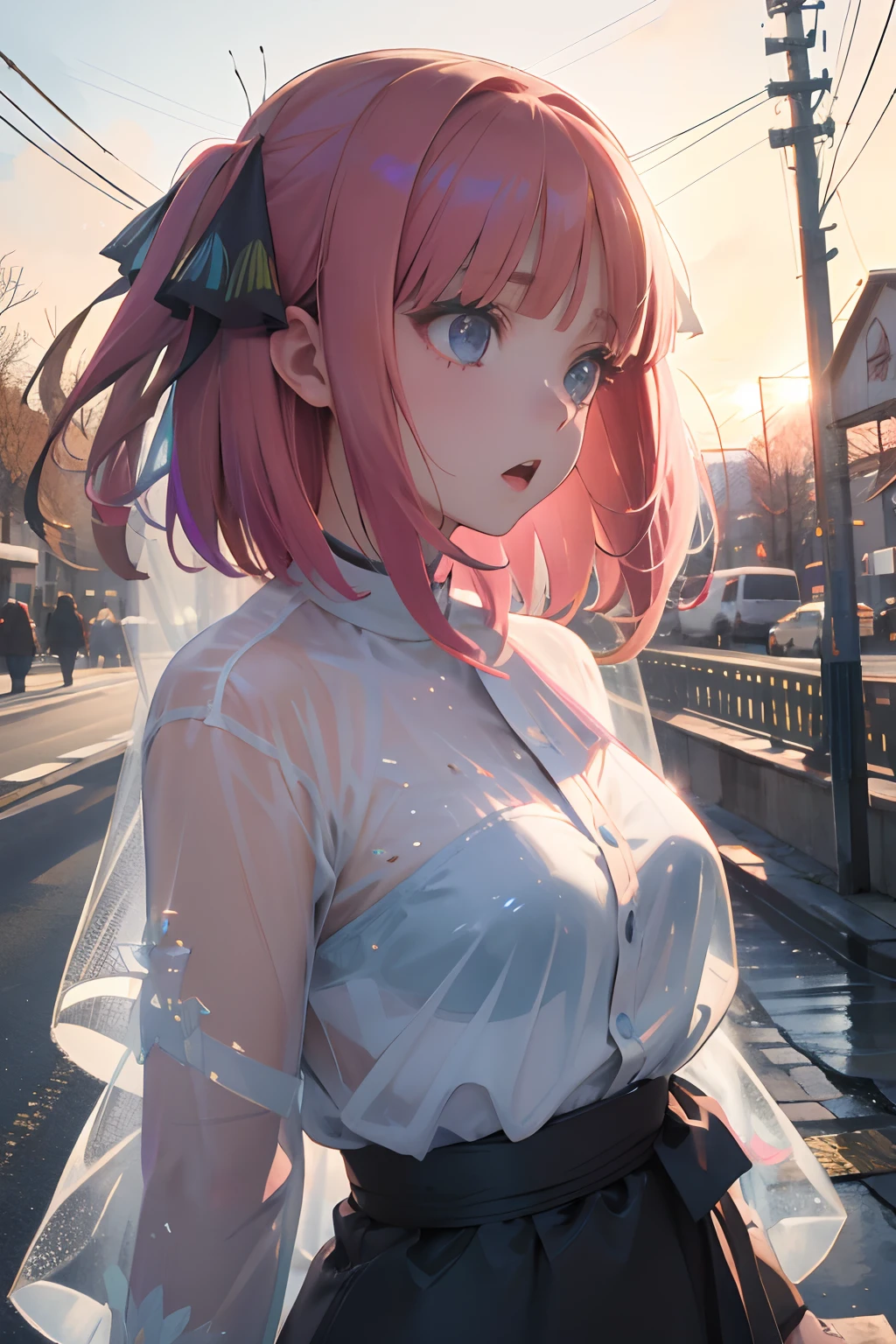 Official art, Unity 8k Wallpapers, ultra-detailliert, Beautifully Aesthetic, ​masterpiece, top-quality, realisitic, a closeup, Skindentation, interface, A detailed eye, A detailed face, detailed hairs, black backgrounds, straight-on, looking at the viewers, The sheen, Anime, highly detailed with reflections transparent iridescent opaque jacket, Long transparent iridescent RGB hair, 1girl in, Solo, fronds, Long hair, Blurry, Shirt,  Parted lips, Outdoors, Floating hair, Long sleeves, White shirt, Bangs, Upper body, Open mouth, tusk, Brown eyes, Wind, Winters，Yuki，snowscape，Blurry background, day, depth of fields, bug,The Bride of Fifths，Jino Nakano，A pink-haired，short-hair，