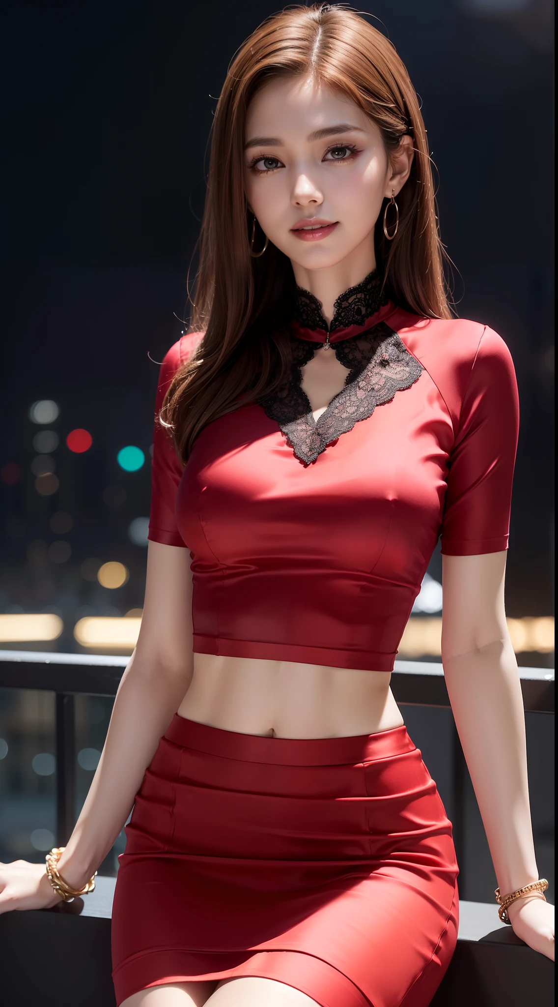 8k, masterpiece, RAW photo, best quality, photorealistic, extremely detailed CG unity 8k wallpaper, Depth of field, Cinematic Light, Lens Flare, Ray tracing, (extremely beautiful face, beautiful lips, beautiful eyes), intricate detail face, ((ultra detailed skin)) 1girl, in the dark, deep shadow, pretty Asian girl, idol, 1 girl, (very slim slender fit-muscled body:1.3), ((looking at viewer)),(big smile:1.3), (tight laced blouse), ((black red color blouse)), (laced short sleeve) , (city night, dark night, (blurred background), dim lights, cityscape, rooftops, veranda, sofa, big windows, beautiful earrings, bracelets, necklace, clear eyes, (pale skin), (big eyes), face forward, ((upper body shot)), ((silk red color skirt)),(brown hairs),((tight fitting skirt )), (looking at viewer:1.3), open breast, (very slim), medium breasts, (flooming laced blouse), (open breasts))