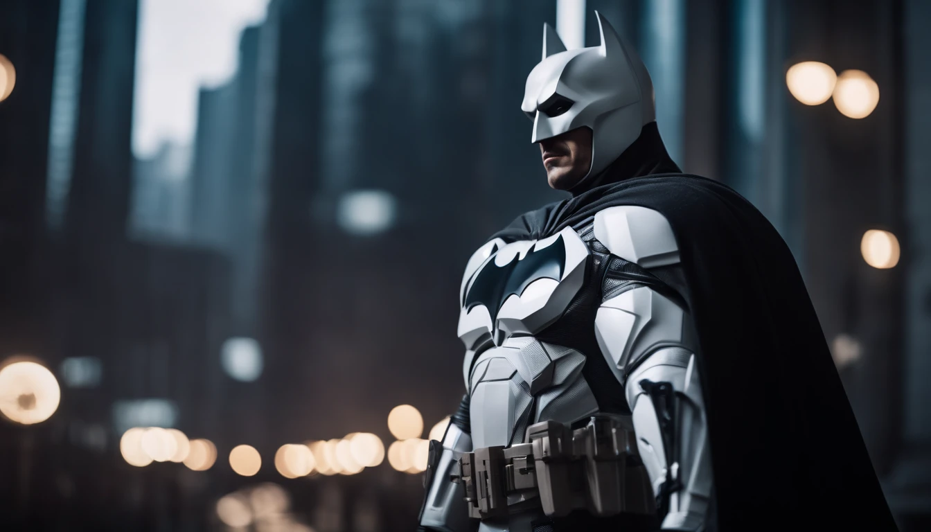 Draw the batman in metallic white uniform in a futuristic city with great technologies