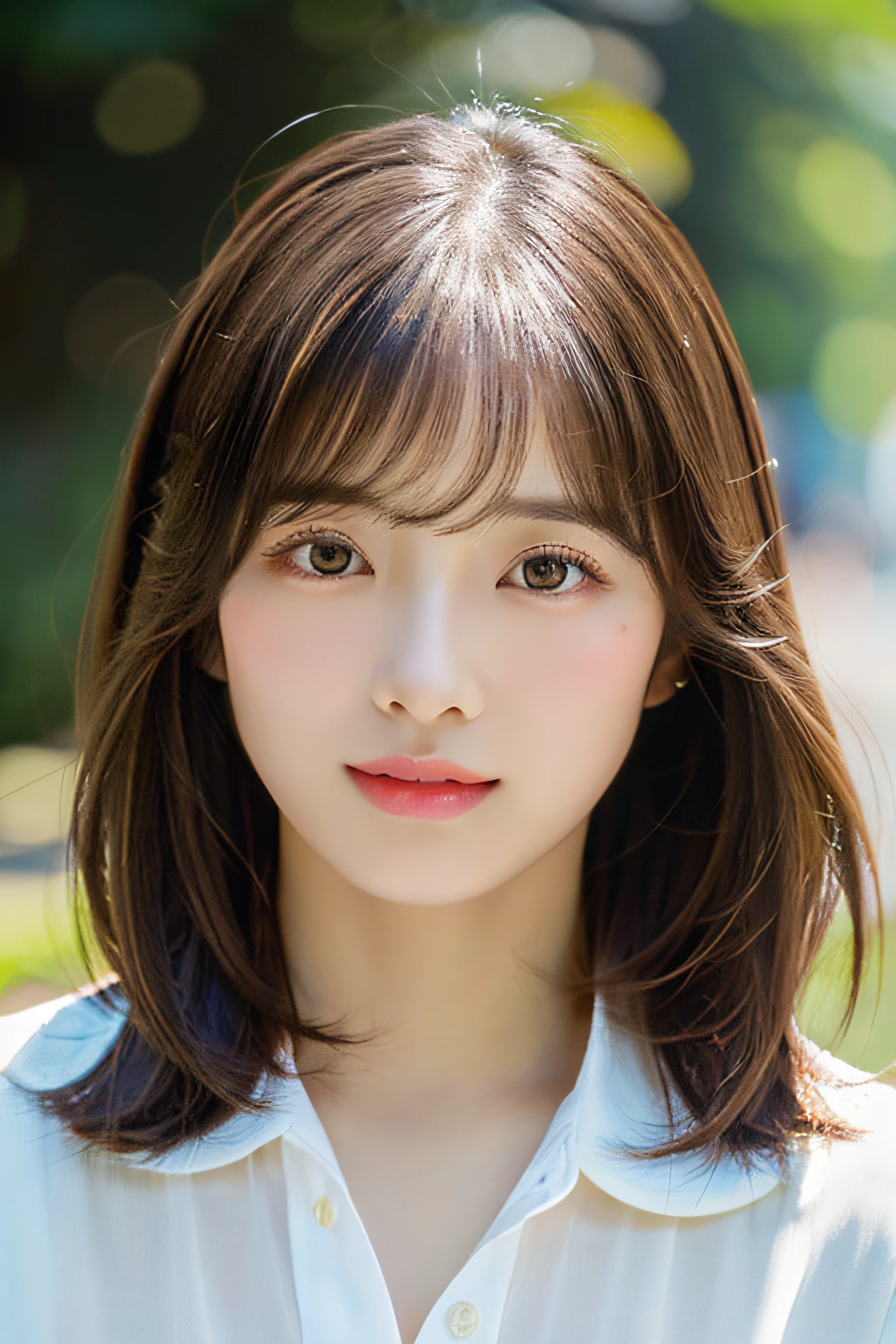 ((Beautiful and shiny、Very well-groomed straight bob hair))、plein air, 独奏,top-quality、The ultra -The high-definition、bangss (Beautiful fece:1.3) ((kawaii:1.3))、(()) White shirt decolletage Natural color lips (Lori) Sense of cleanliness pure Half-open lips