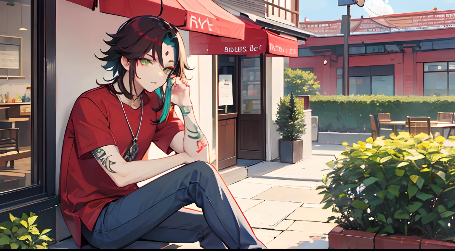 Xiao (genshin impact), 1 boy, animal fangs bones necklace, arm tatoo, dark red hair, multicolor hair, green eyes, red mark on forehead, red shirt, on phone, confused, impotent, sighed, sigh, calling phone, grey pants, normal outfit, home outfit, outside, in stress, sitting outside cafe shop