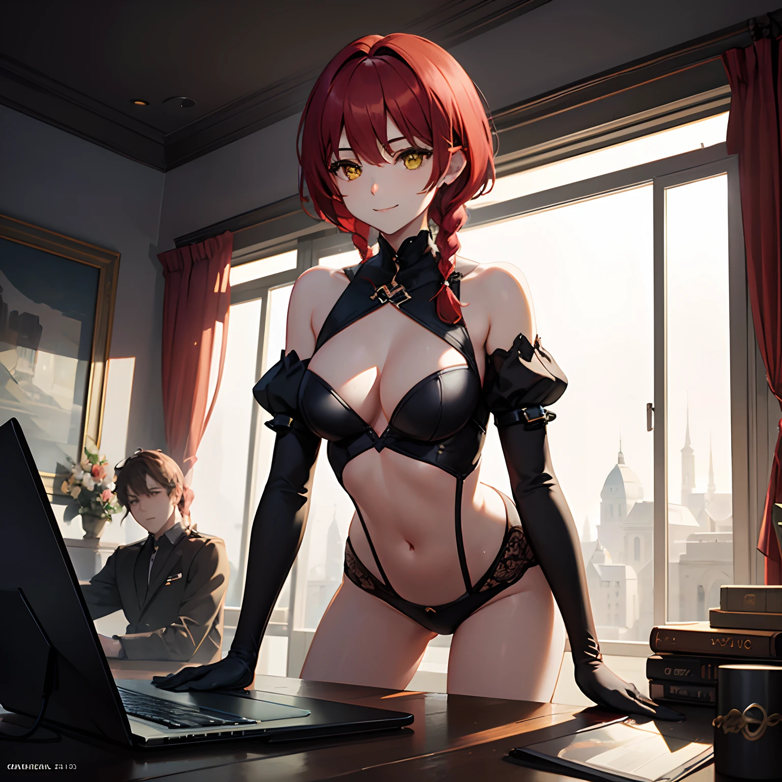 Woman next to computer with laptop, Note PC, 1 girl, Makima, (Red hair: 1.3), (short hair braids: 1.5), Braids, (Yellow eyes: 1.3), kind expression , Troubled face, (Big breasts: 1.5), Perfect proportions, (NSFW), Smiling Computer, Solo, Bright colors, Super Detail, Masterpiece 8K Wallpapers, Cinematic lighting, Dreamscape Art, Atmospheric dreamscape art, magic realism, full art, Concept art