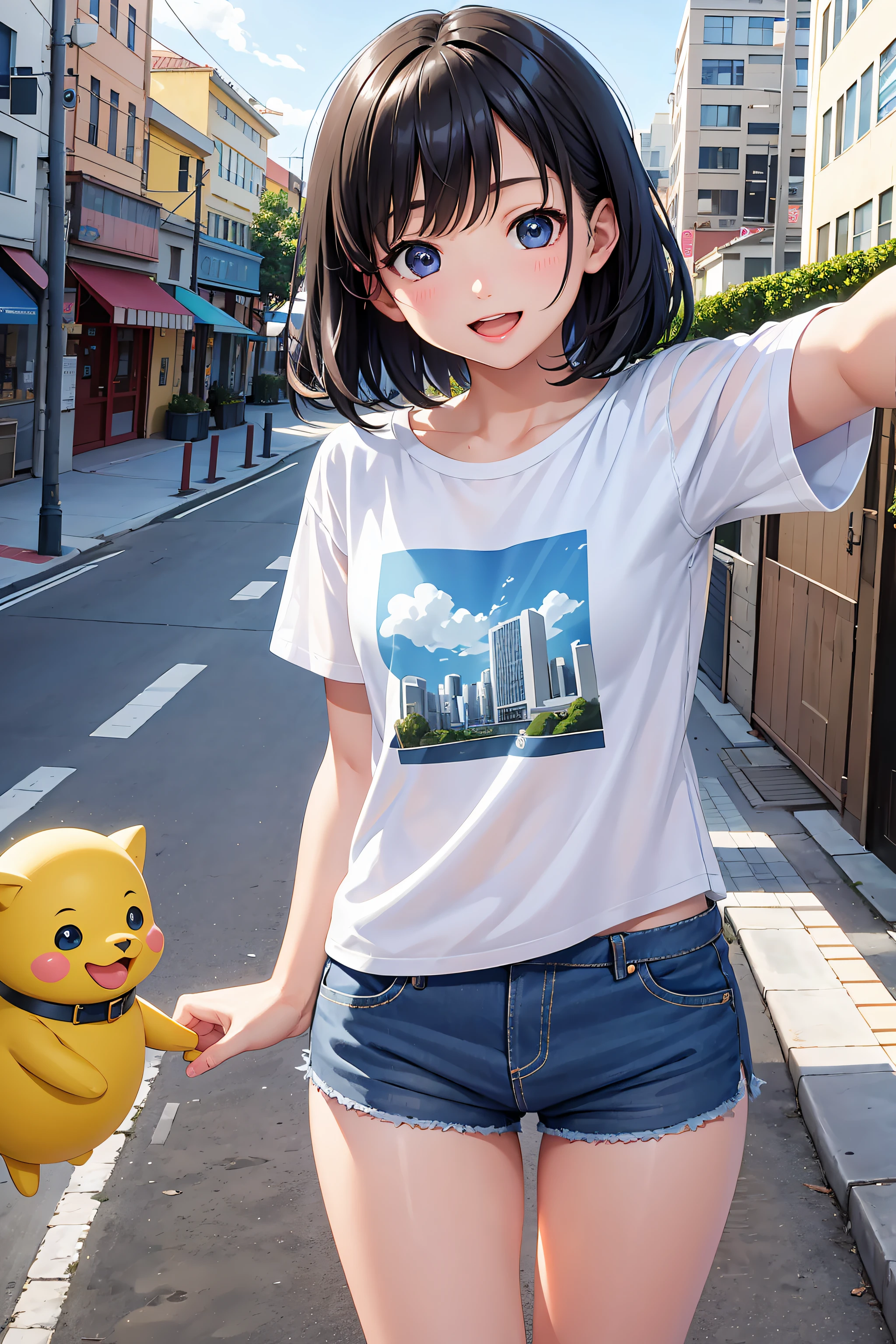 selfie,Beautiful illustration、masterpiece, top-quality、((city)), 1 girl,A Cute little girl、mini girl, 4th grade elementary school student、standing, seductive smile, open mouth, black hair, short hair,blue eyes、hot pants, Tshirts, lovely thighs、glowing thigh, shinyskin,