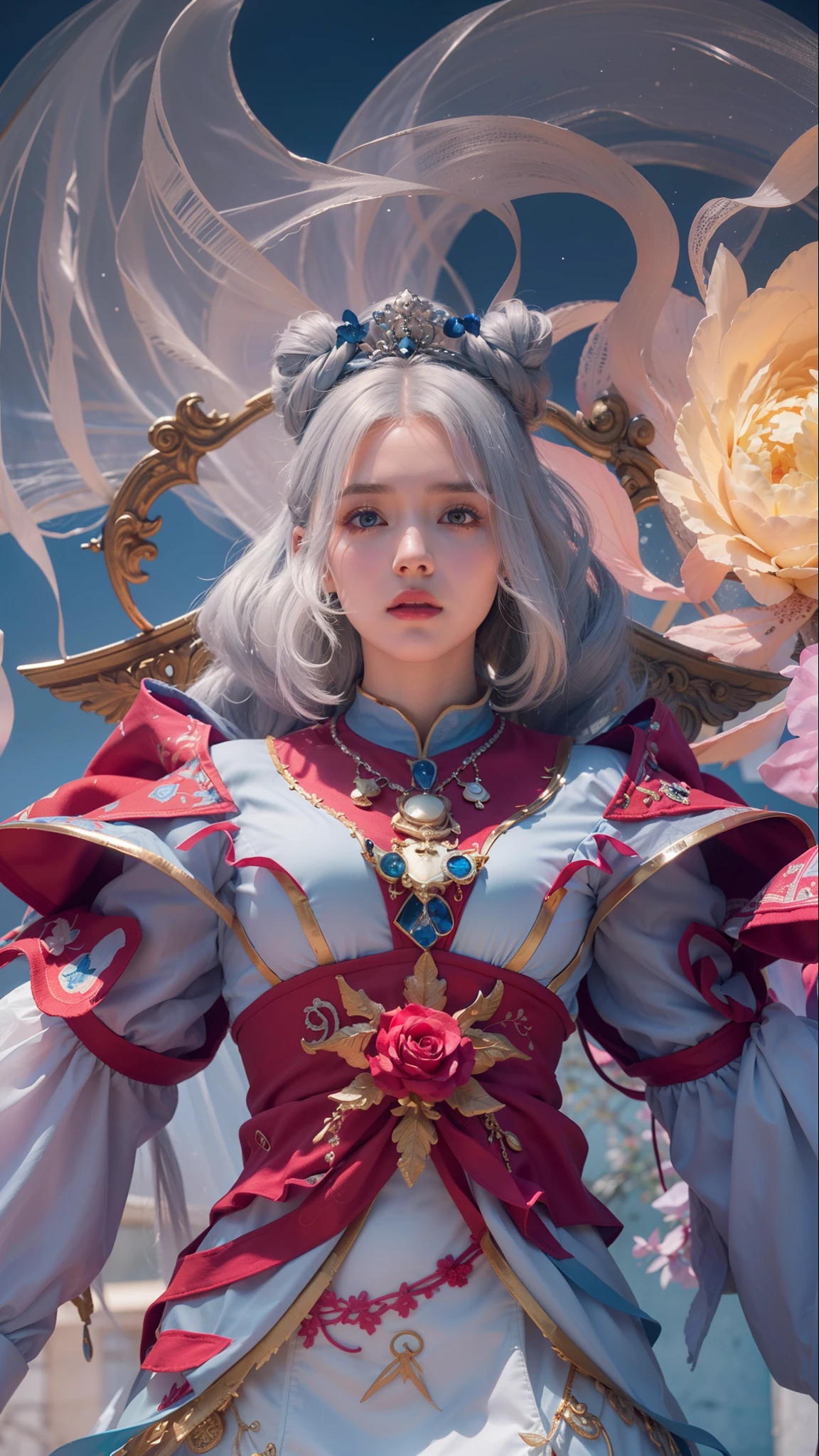 1girl, solo, game character, beautiful girl, extremely beautiful, ridiculously beautiful, masterpiece, top quality, grey hair, bun, white and blue dress, angelic, blue white yellow, dramatic light, ((realistic, hyper realistic, super detail, detailed clothes texture, detailed body shape, detailed skin texture, detailed background, detailed face))