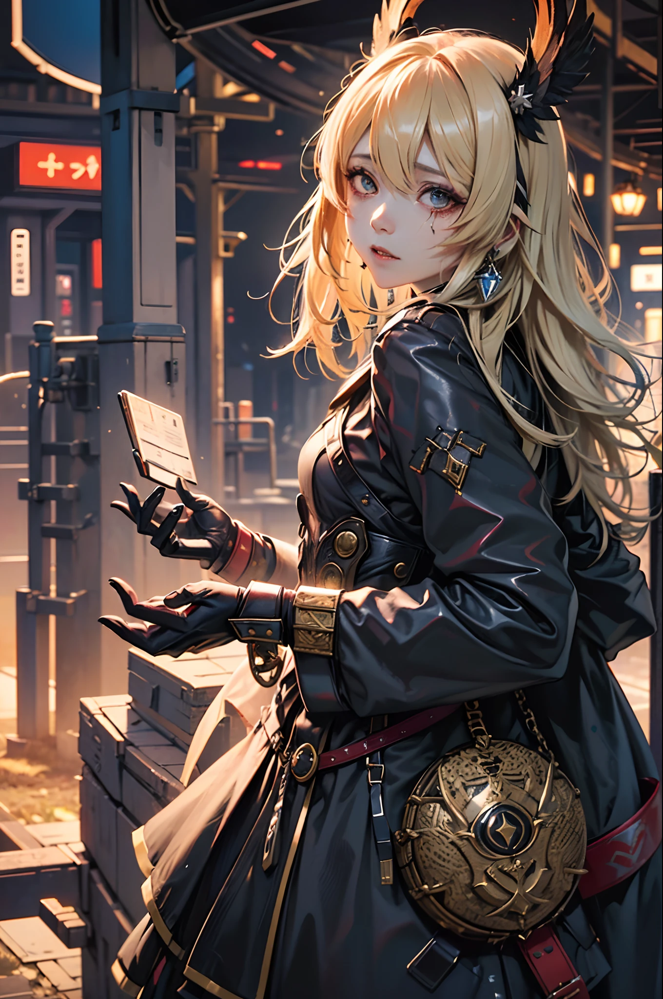 Katharyne from Genshin Impact with her eyes completely dark with black blood tears running down her face, foto do torax pra cima