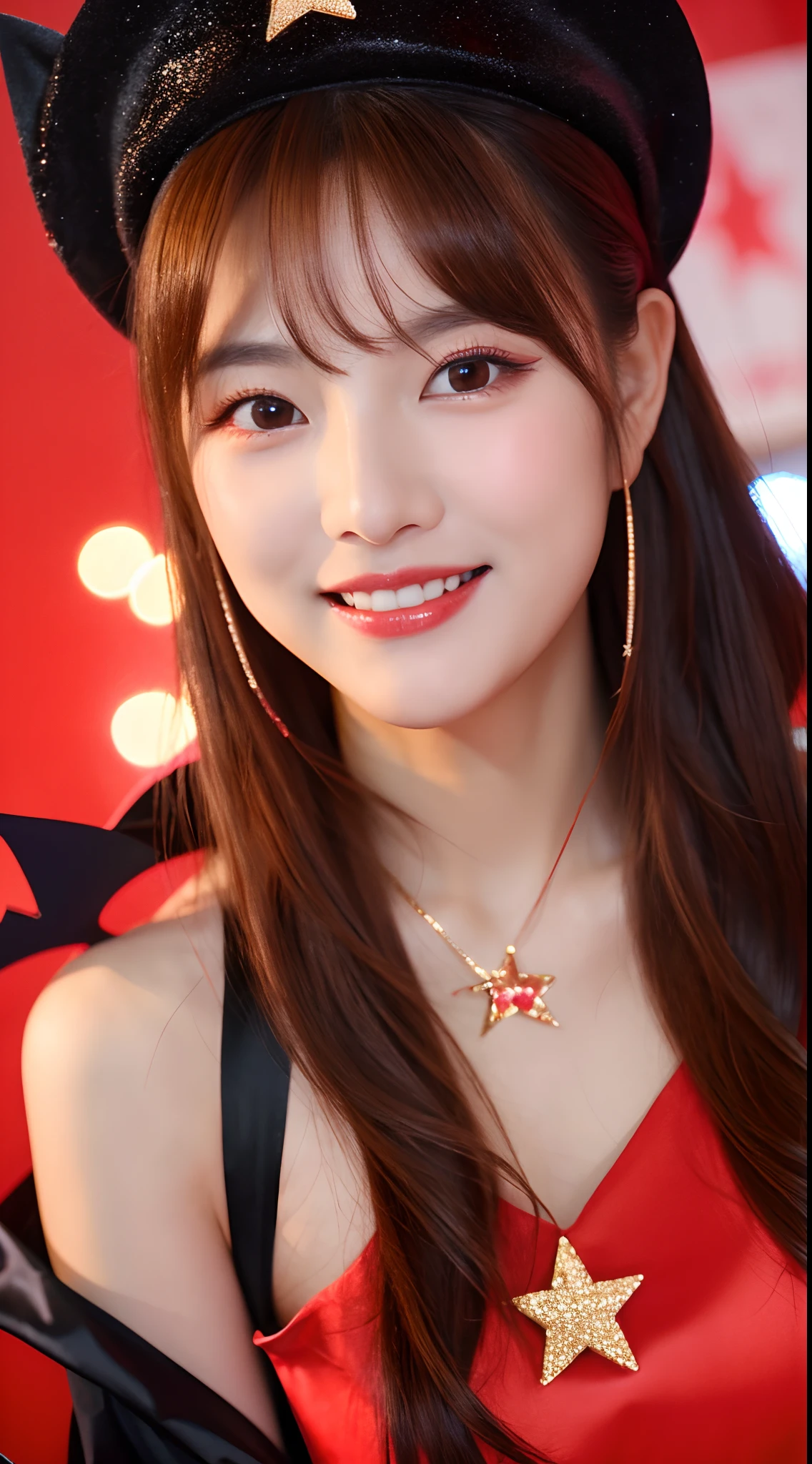 Realistic photos of (1 cute Korean star) thin makeup, slightly smile, 32 inch breasts size, wearing as red witch, in Halloween party, close-up, UHD