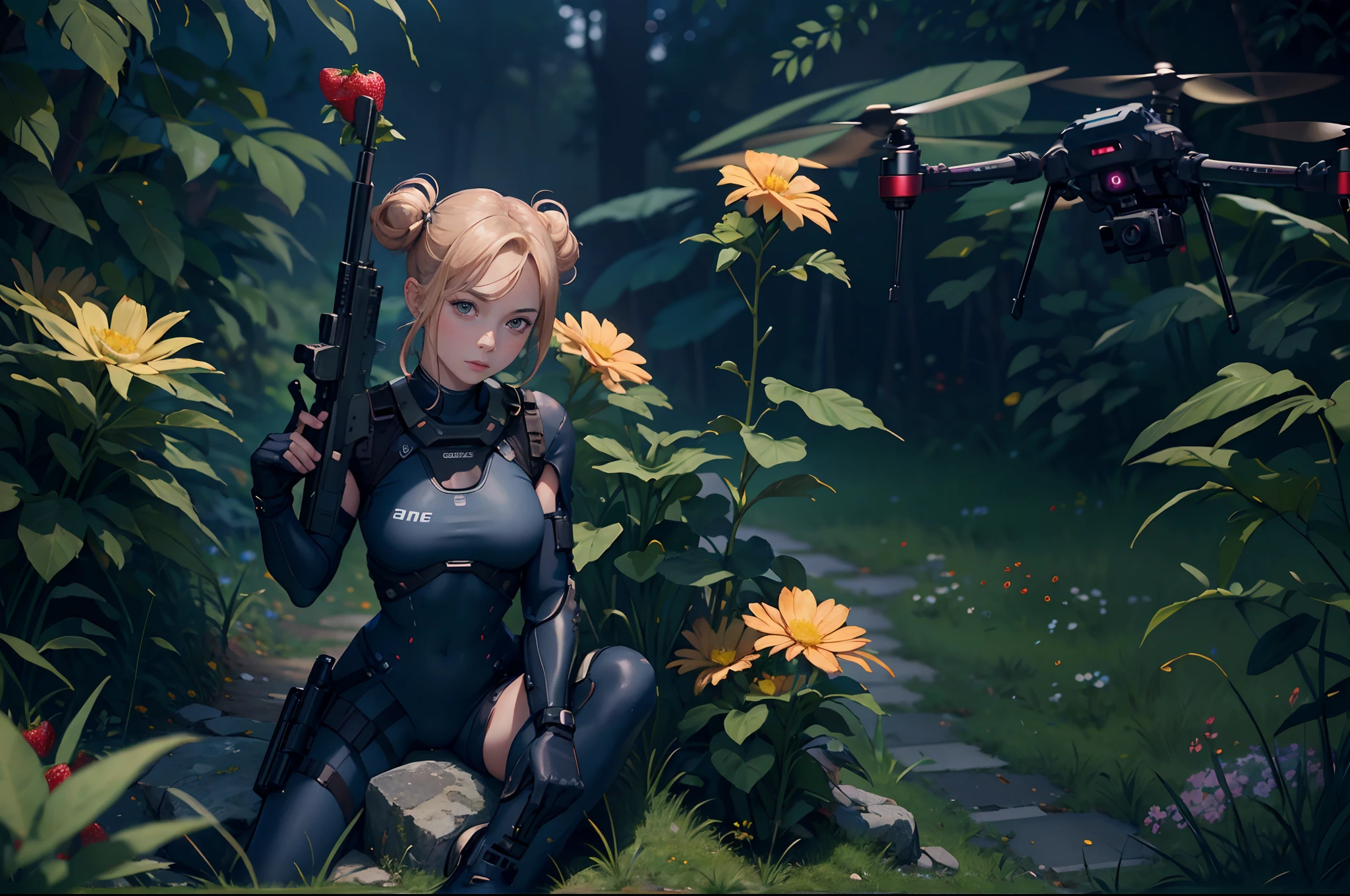 best quality, masterpiece, realistic, photorealistic, 1girl, solo, looking at viewer, full body, sitting, 1girl,night, holding assault rifle, futuristic, strawberry blonde hair, brown eyes, Double bun, tactical gear, blue bodysuit, grass, flowers, tree, drone, robot
