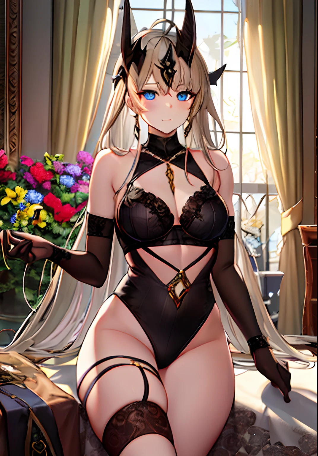 (best quality, highres, ultra-detailed), A girl in a garden, digital painting, vibrant colors, soft lighting, realistic:1.37, long flowing hair, piercing blue eyes, delicate facial features, rosy cheeks, slender waist, medium breasted, big thighs, seductive pose, black lacy lingerie, see-through clothes, alluring gaze, provocative expression.
Additional Details: The girl is standing near a bed, with the sunlight streaming through a window, casting a warm glow on her figure. She is wearing a black bikini, partially visible through her sheer clothes. Her body is reflected in a mirror, emphasizing her curves and creating a sensual ambiance. The room is adorned with flowers and soft fabrics, adding a touch of luxury and elegance to the scene.
Please remember to follow the prompt format and avoid explanations or sentences.