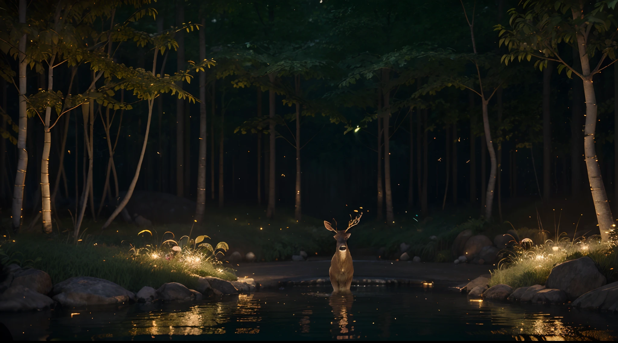 Masterpiece, best quality, (very detailed CG unity 8k wallpaper), (best quality), (best illustration), (best shadows), glow sprite, with a glowing deer, in the swimming pool Drinking water, natural elements in the forest theme. Mysterious forest, beautiful forest, nature, surrounded by flowers, delicate leaves and branches surrounded by fireflies (natural elements), (jungle theme), (leaves), (twigs), (fireflies), (particle effects) etc. 3D , Octane rendering, ray tracing, super detailed --v6
