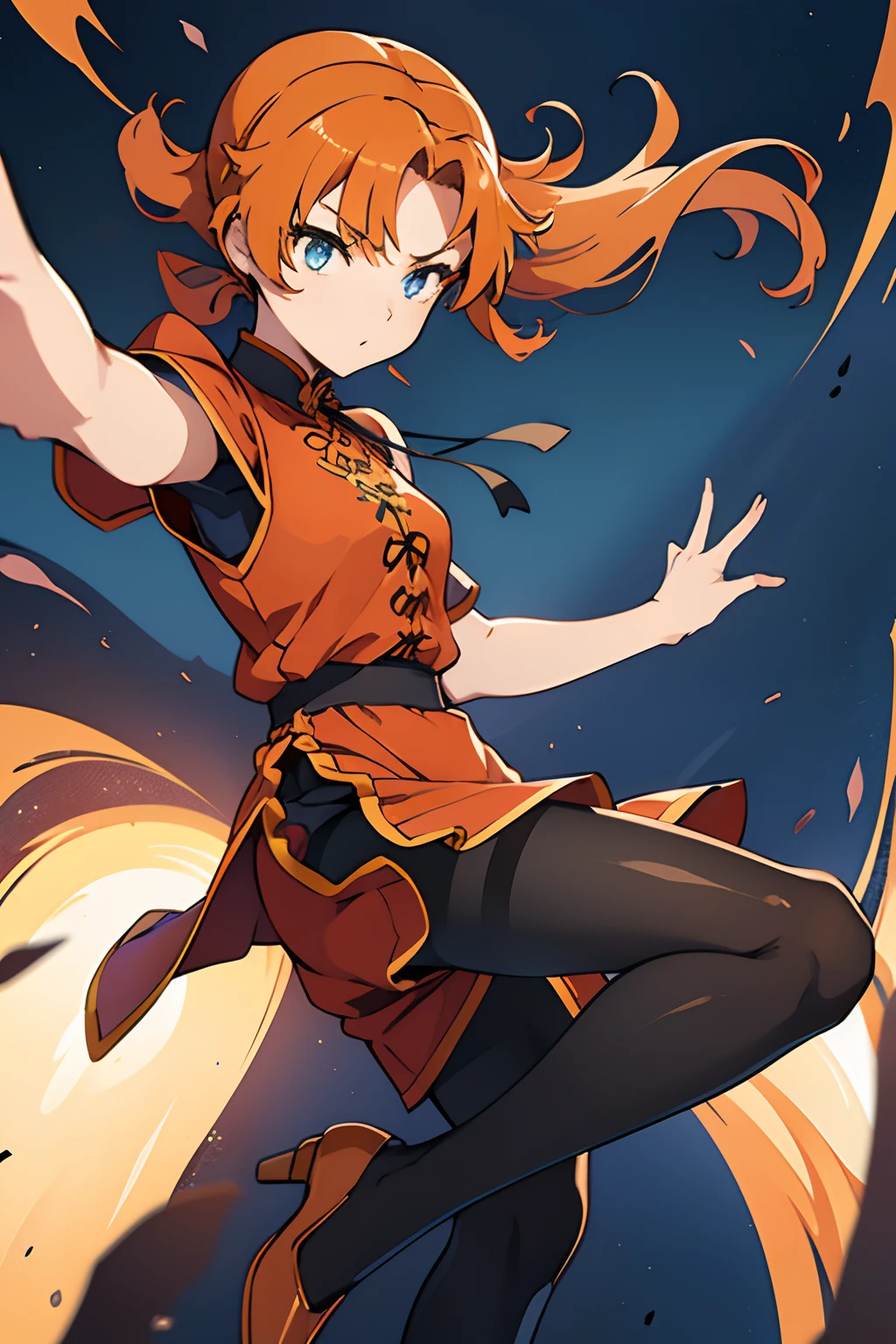 1girl in、hight resolution、​masterpiece、Maribel、A slender、skinny thigh、Short stature、Orange hair、Blue cheongsam、Black_pantyhose、Attacking with your feet、Highkick、Fighting、plein air