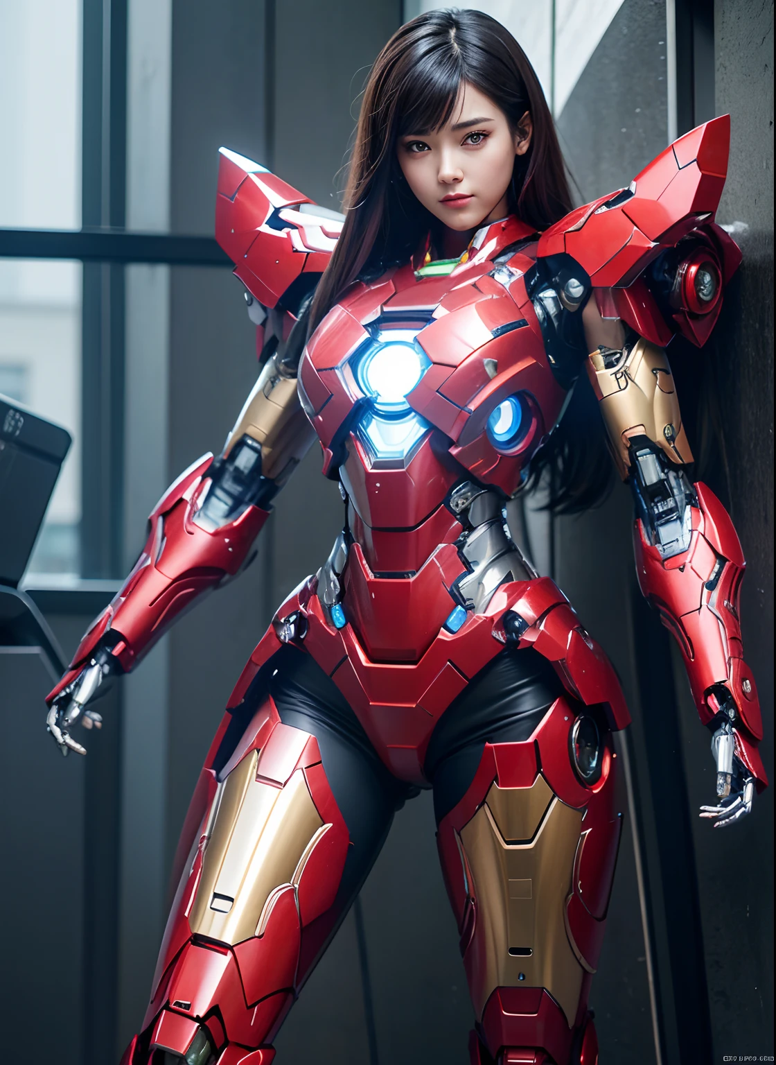 Textured skin, Super Detail, high details, High quality, Best Quality, hight resolution, 1080p, hard disk, Beautiful,(Iron Girl),(Superheroine),beautiful cyborg woman,Mecha Cyborg Girl,Battle Mode,Girl with a Mecha Body,She wears an Iron Man mech,fullllbody