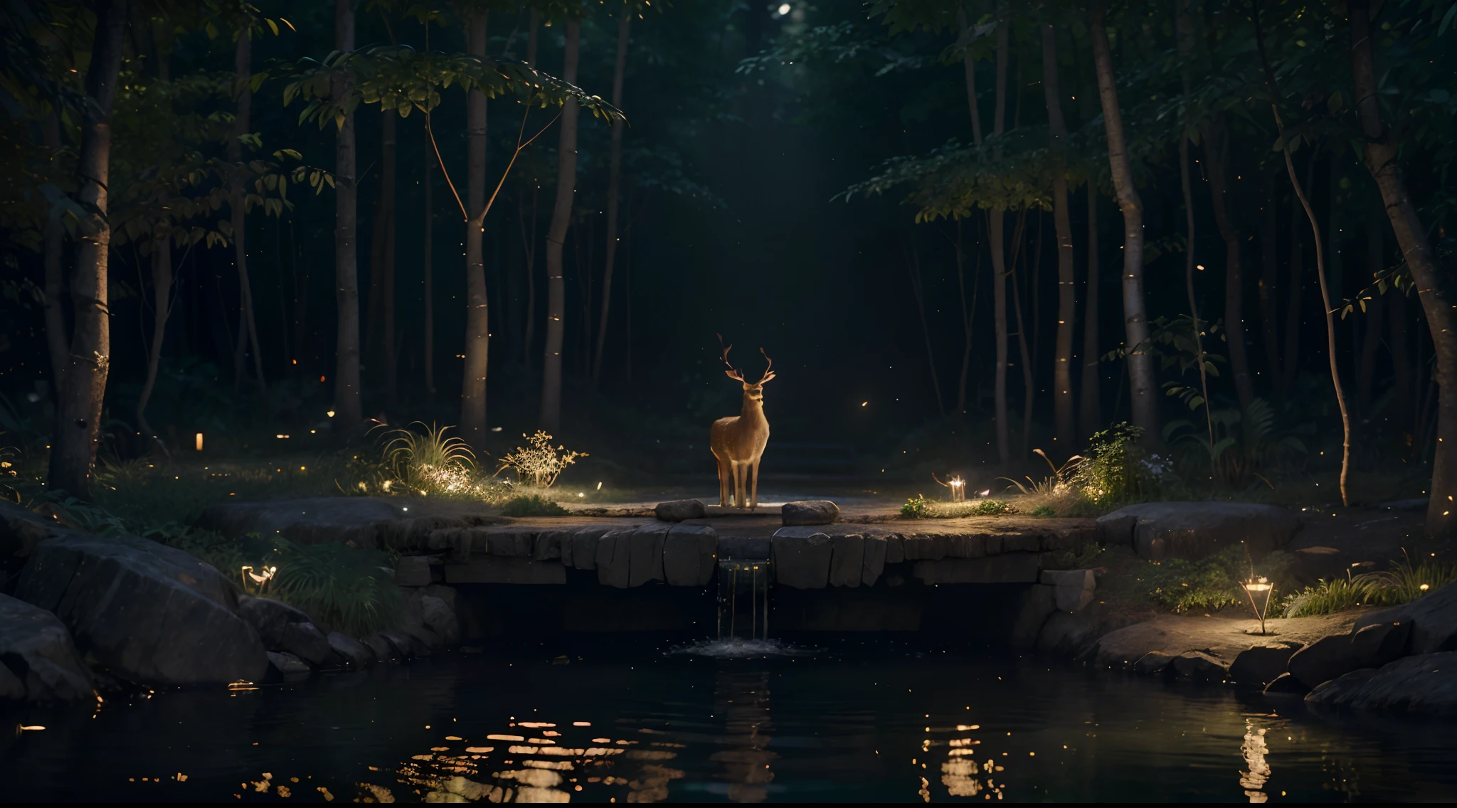 Masterpiece, best quality, (very detailed CG unity 8k wallpaper), (best quality), (best illustration), (best shadows), glow sprite, with a glowing deer, in the swimming pool Drinking water, natural elements in the forest theme. Mysterious forest, beautiful forest, nature, surrounded by flowers, delicate leaves and branches surrounded by fireflies (natural elements), (jungle theme), (leaves), (twigs), (fireflies), (particle effects) etc. 3D , Octane rendering, ray tracing, super detailed --v6