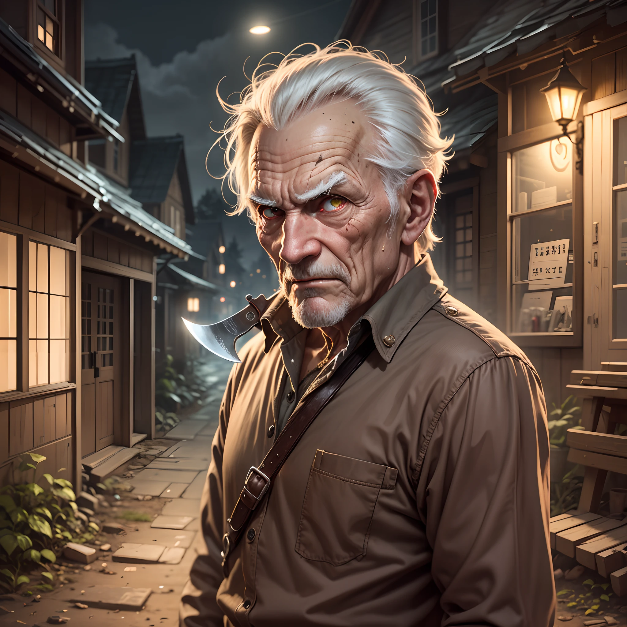 Old man's evil face, knife in hand, rural environment, night, --auto --s2