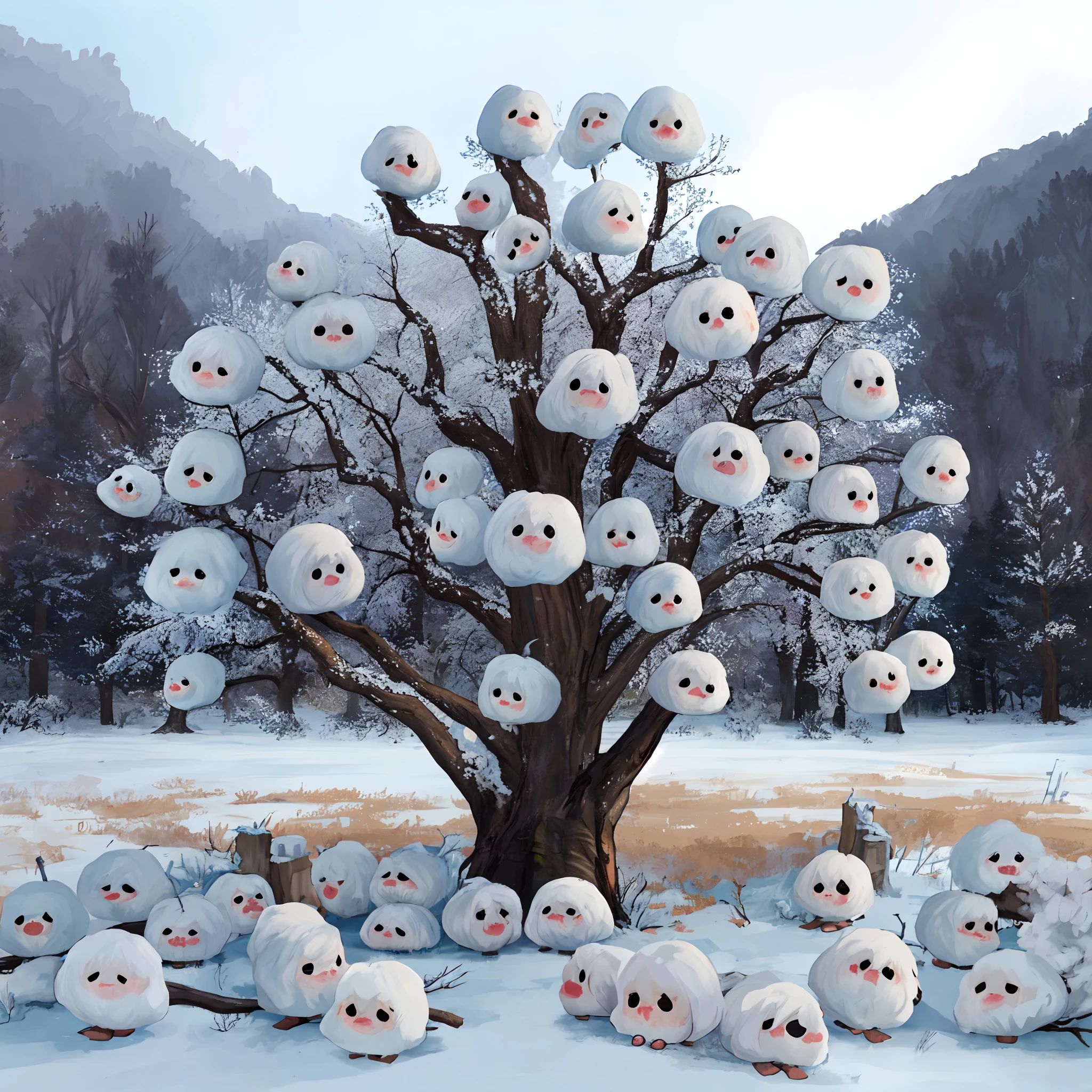 On a withered tree,
Chibi wearing fluffy clothes,
Gathered in large numbers on dead trees,
looks like a single hoarfrost