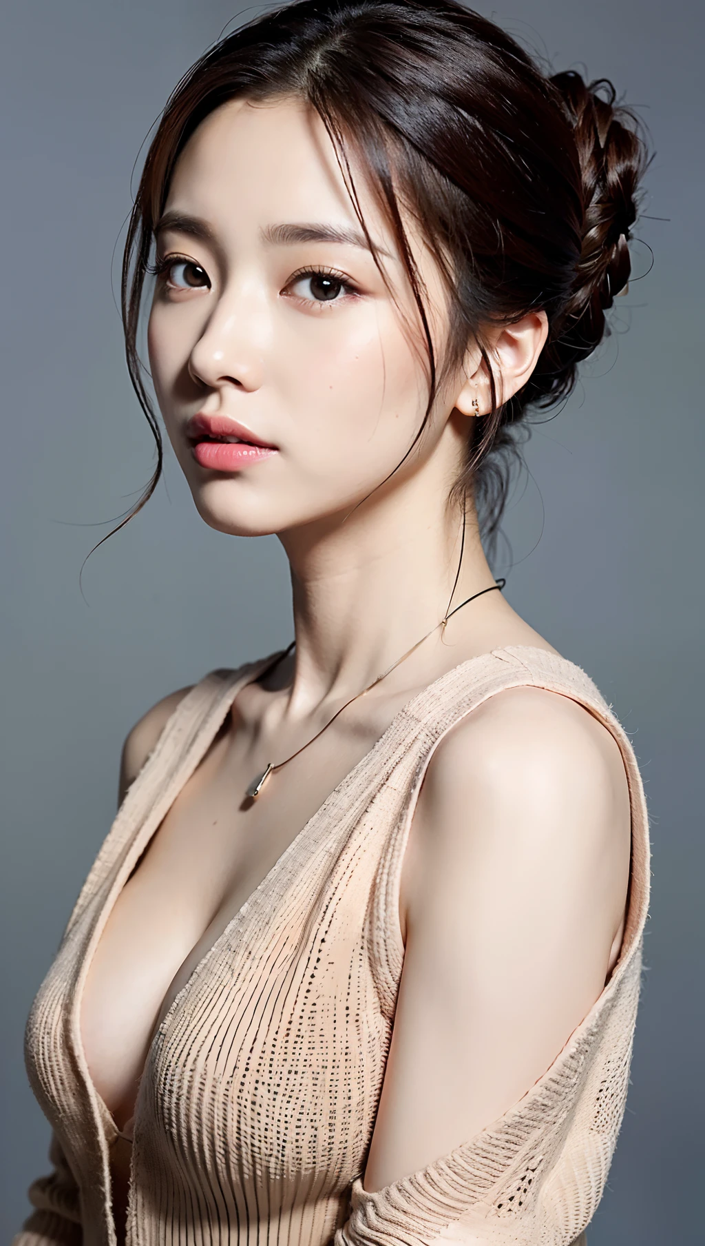 (top-quality、8k、32k、​masterpiece、UHD:1.2)、Photo of a cute Japanese woman、large full breasts、((Semi-long chignon hair))、The upper part of the body、sface focus、oversized_sweater、a necklace、simple background、From  above、looking at the viewers、(profetional lighting)、ssmile、Detailed eyes、(Lifelike eyes)