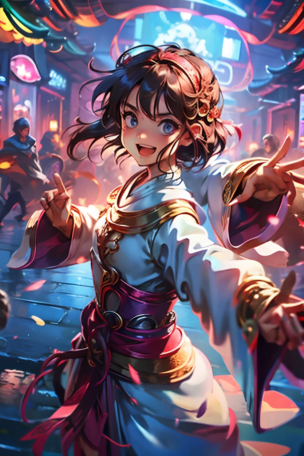female pervert(child),Open your hands for a hug,happy laughing,largeeyes,The background is the street,crowd of