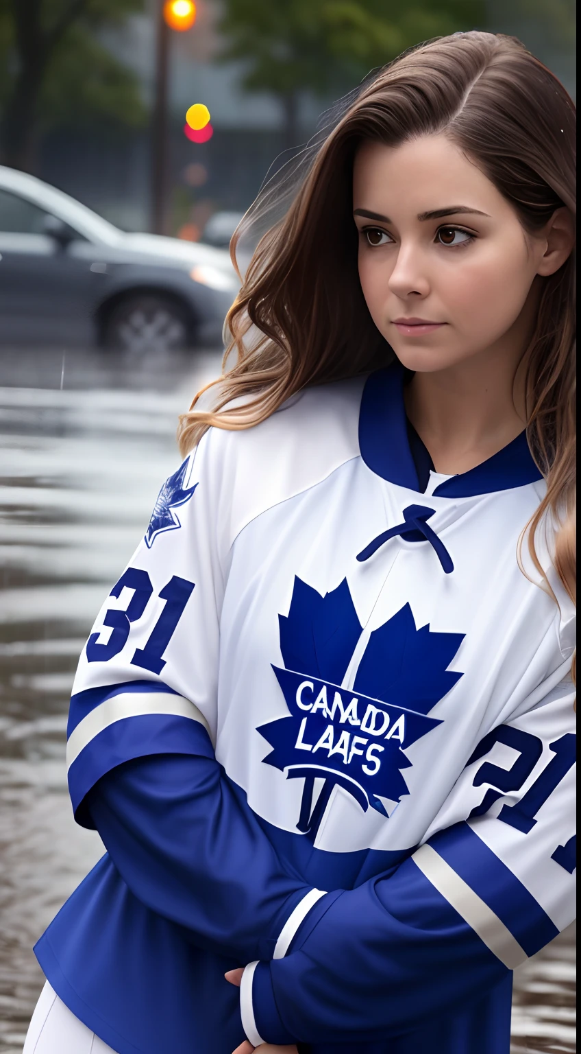 Canadian woman, 23 years old, wearing a soaked wet Toronto maple leafs uniform and white leggings, (((realistic))), heavy rain, wet hair, wet clothes, cloudy day, [dripping wet]