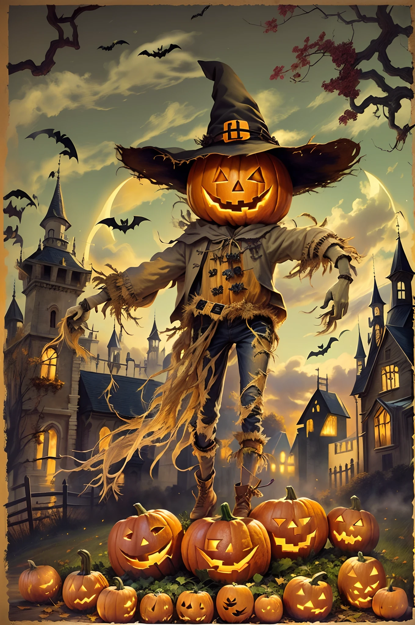 （（（Halloween-themed poster。）））A scarecrow wearing a jack-o-lantern in front of the castle, halloween art style,