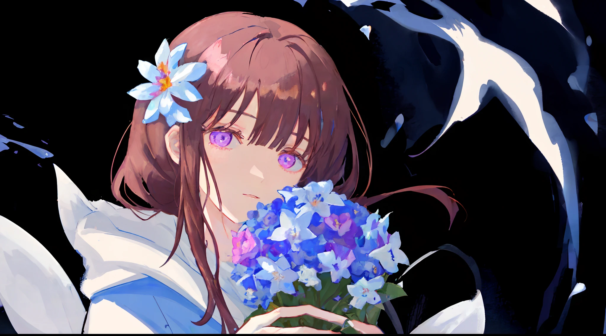 there is a woman holding a bunch of flowers in her hands, female portrait with flowers, with flowers, wearing a hoodie and flowers, holding flowers, holding magic flowers, flowers in her dark hair, flower storm portrait, woman in flowers, with frozen flowers around her, low key lighting, queen of flowers, flowers covering eyes, girl with a flower head
