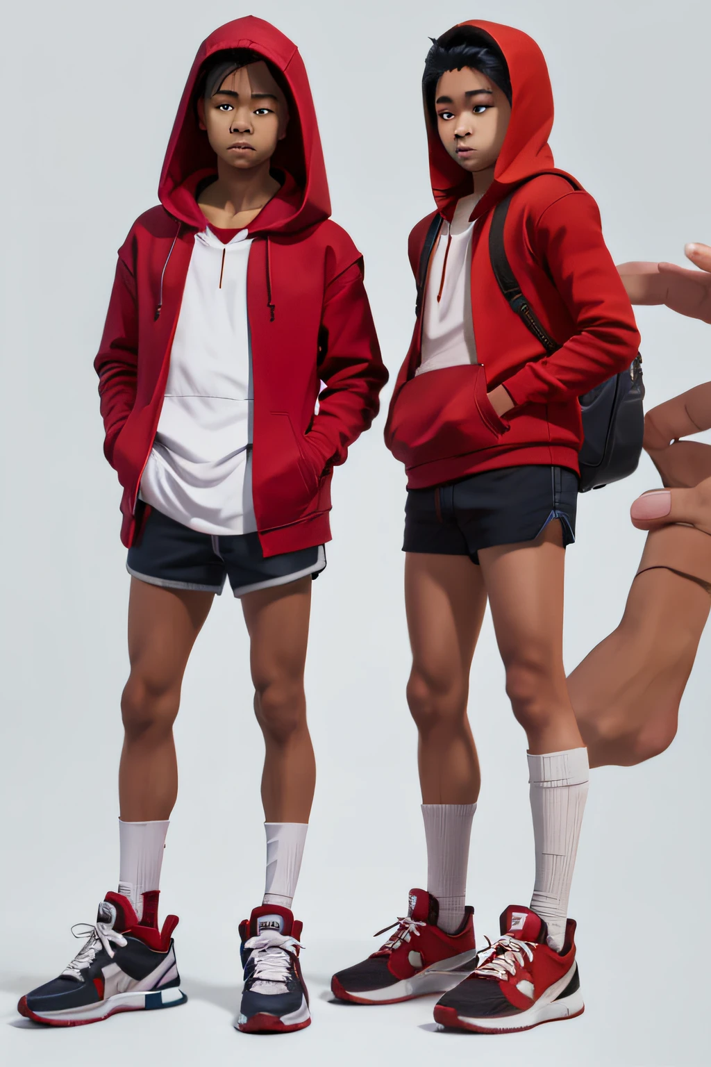 conjoined twins, boys, red hoodie, tan skin, sneakers, shorts, character sheet, multiple angle, studio ghibli style