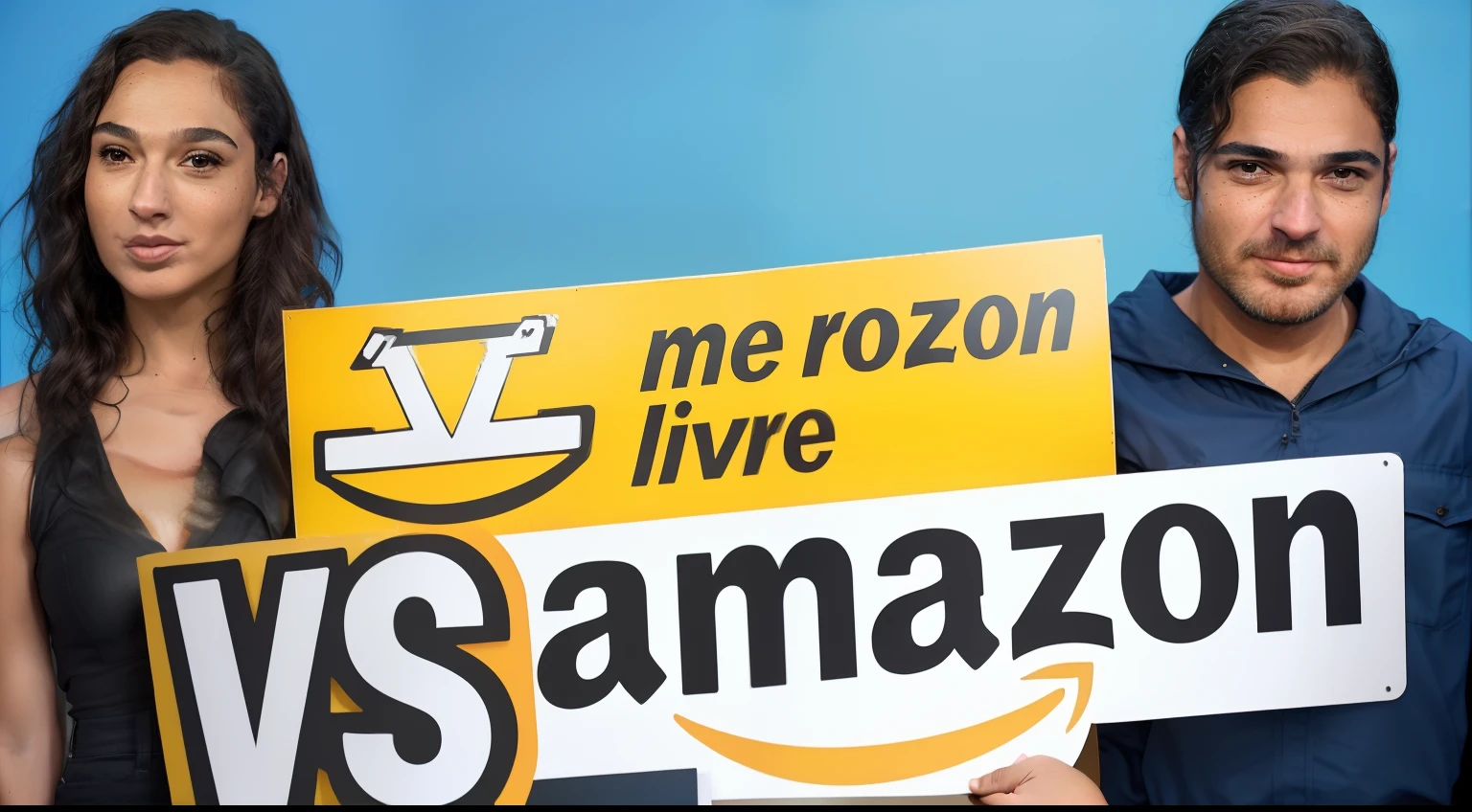 A man and a woman standing next to each other with a sign that says Amazon vs Amazon, Amazon, fernanda suarez, Amazon em segundo plano, Directed by: Samuel Silva, Directed by: Ramon Silva, Directed by: Luis Miranda, amazon warrior, by Amelia Peláez, lucas graziano, Sandra Chevier, 🦩🪐🐞👩🏻🦳, Entrega de pacotes para a Amazon