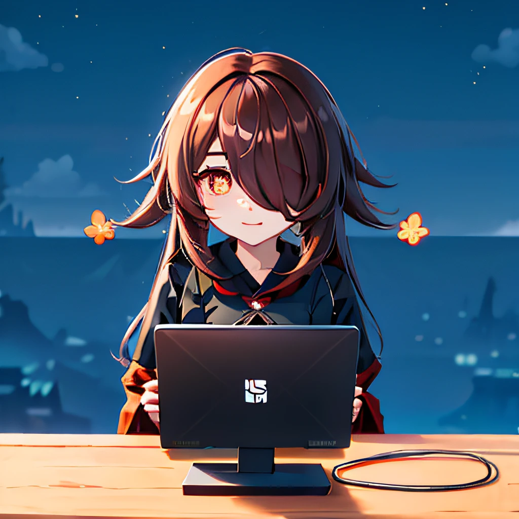 Hair over one eye、One Woman, 独奏, (twitch emote:1), Chibi, Brown hair, red eyes, , comic strip, a sticker, Thick black outline,Denim dresses、Black blouse、hair down、Orange hair、brown haired、Denim Long Skirt hutao, laptop, I am using a computer, PCgamer, , poscast, In front of a computer, Plain white background in anime style,Sitting in front of a computer