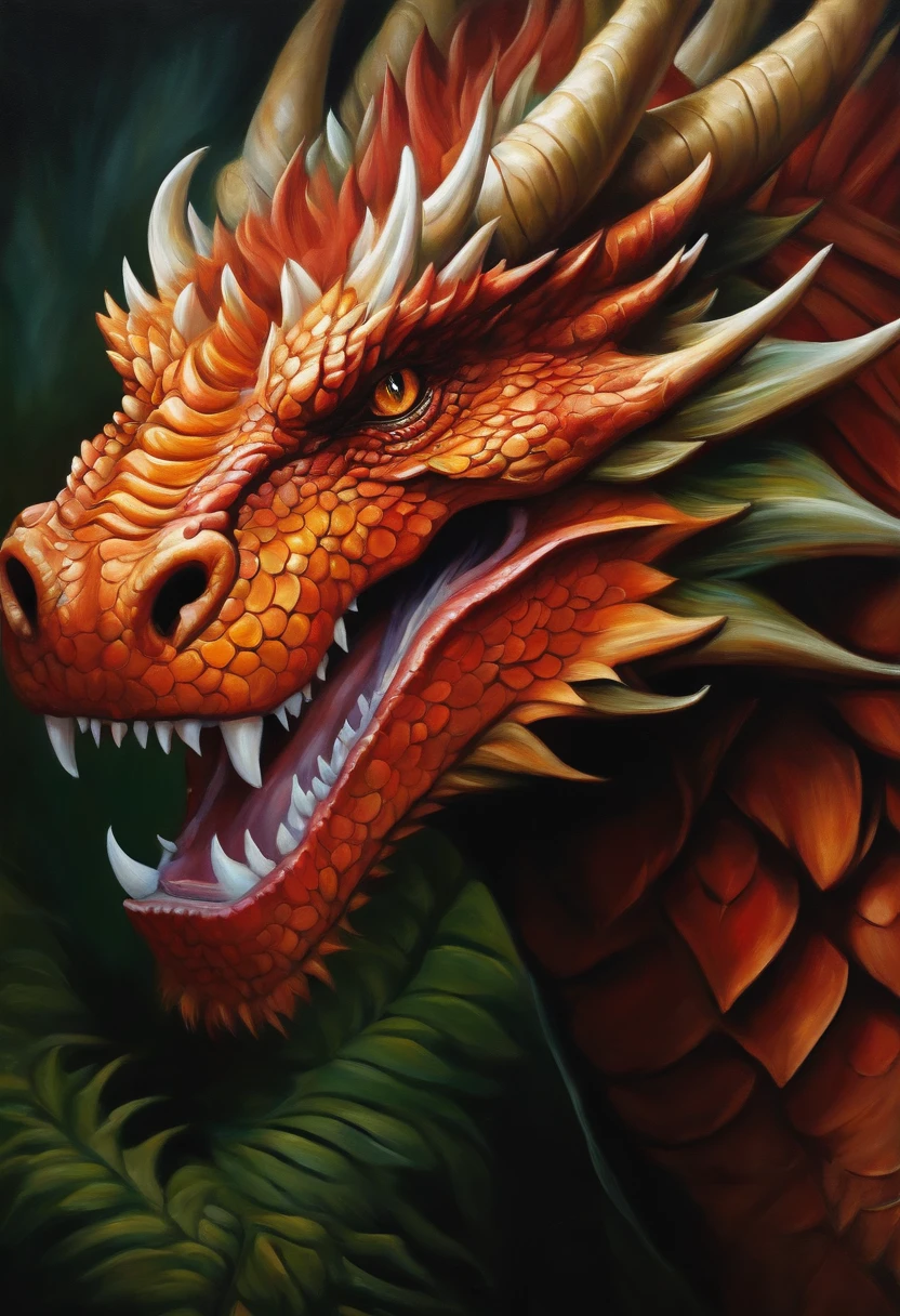 Realistic oil painting, beautiful and delicate roar, a powerful portrait of a dragon head