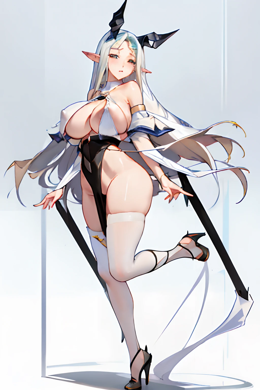 pointy ears，long whitr hair，Bigboobs，plumw，black lence stockings，high-heels