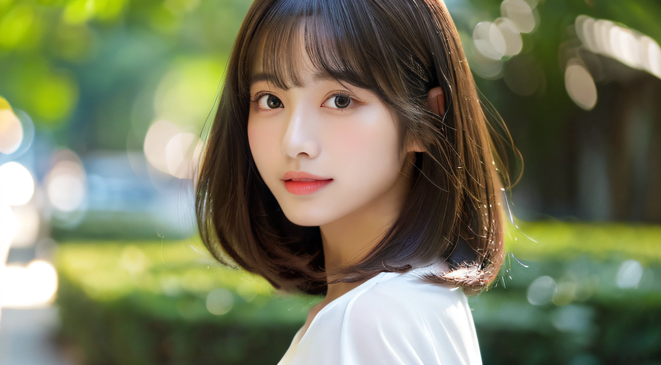 ((Beautiful and shiny、Neat straight bob hair))、plein air, 独奏,top-quality、hyper HD、By bangs (Beautiful fece:1.3) ((Obsceneness:1.3))、((24 year old)) White shirt decolletage Chest emphasis Natural color lips (A sexy) Sense of cleanliness pure Half-open lips ((A sexy)) ((frontage))