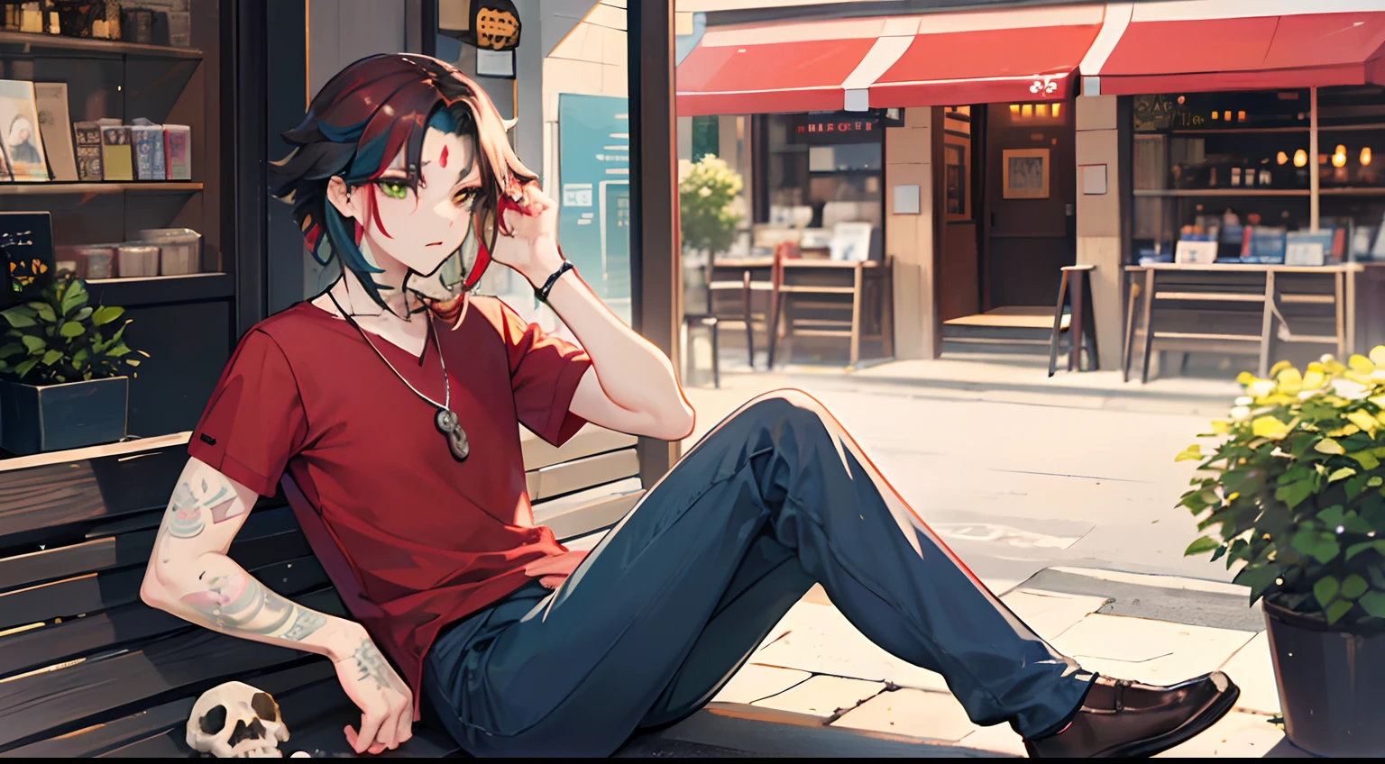 Xiao (genshin impact), 1 boy, animal fangs bones necklace, arm tatoo, dark red hair, multicolor hair, green eyes, red mark on forehead, red shirt, on phone, confused, impotent, sighed, sigh, calling phone, grey pants, normal outfit, home outfit, outside, in stress, sitting outside cafe shop