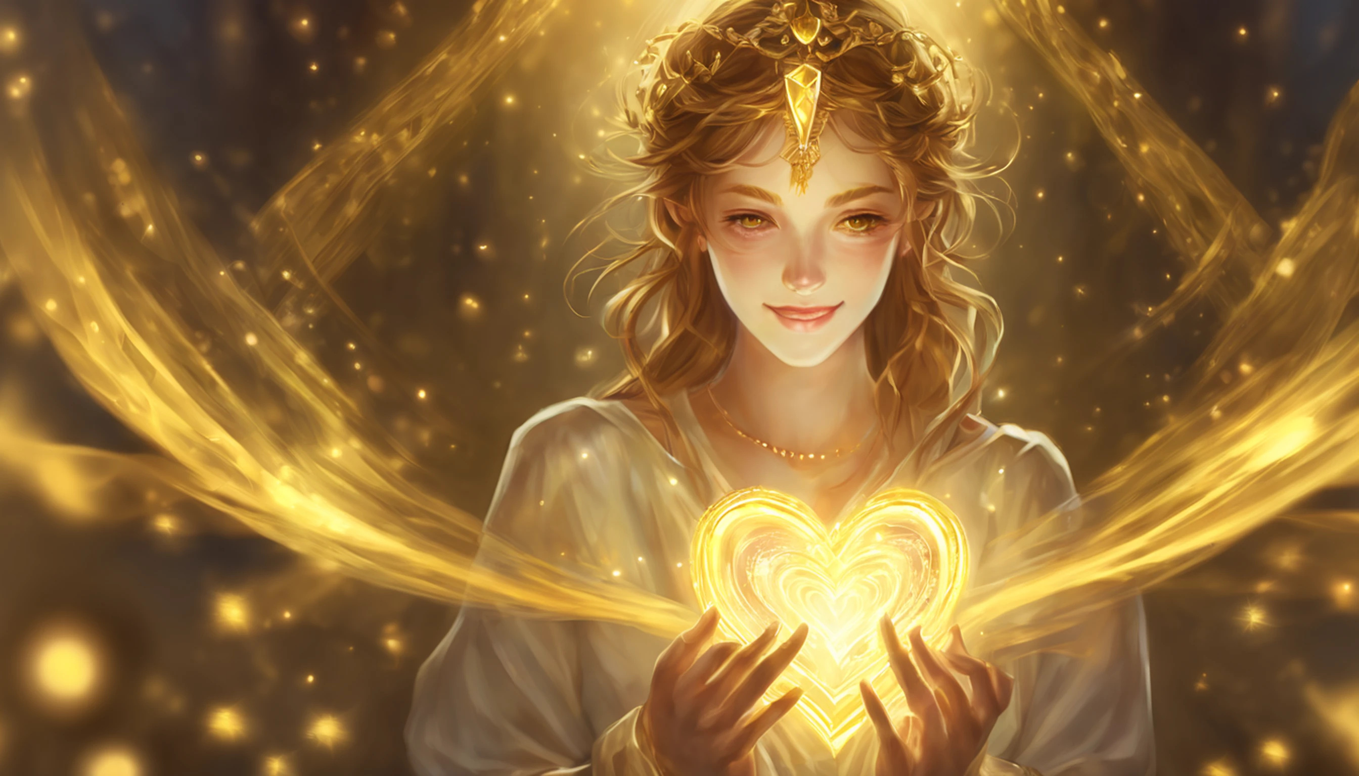Deusa Dourada Freyer, Deusa Majestosa do Amor e da Magia, Your hands glow with mysterious power.Her hands glow warm and enchanting.His presence is a light of hope and joy.Her golden aura is、It is a glowing golden aura of love and protection.Brilho da estrela cadente、Luar dourado、Dedo bonito、Detailed heart glow at your fingertips、
