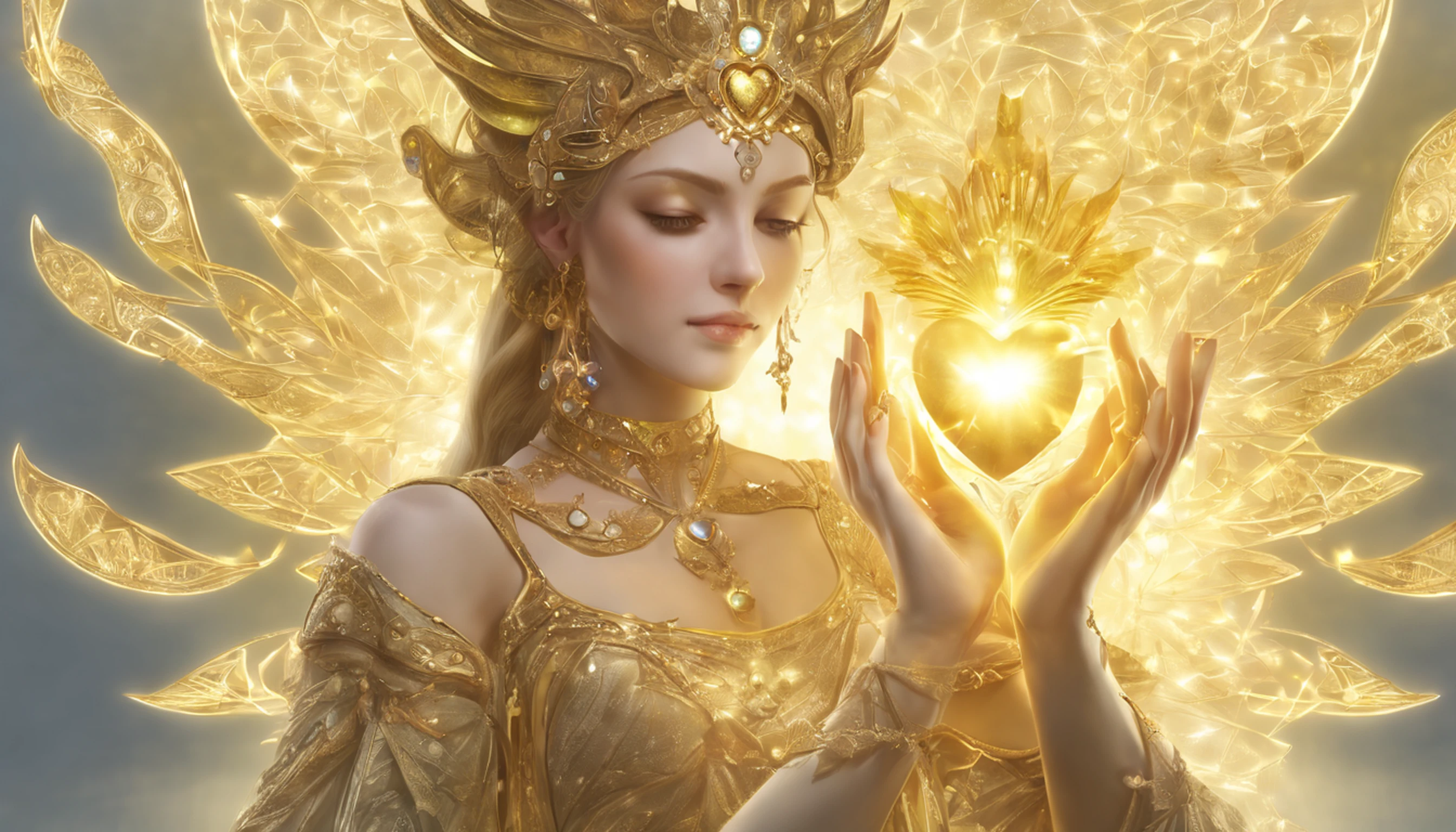 Deusa Dourada Freyer, Deusa Majestosa do Amor e da Magia, Your hands glow with mysterious power.Her hands glow warm and enchanting.His presence is a light of hope and joy.Her golden aura is、It is a glowing golden aura of love and protection.Brilho da estrela cadente、Luar dourado、Dedo bonito、Detailed heart glow at your fingertips、