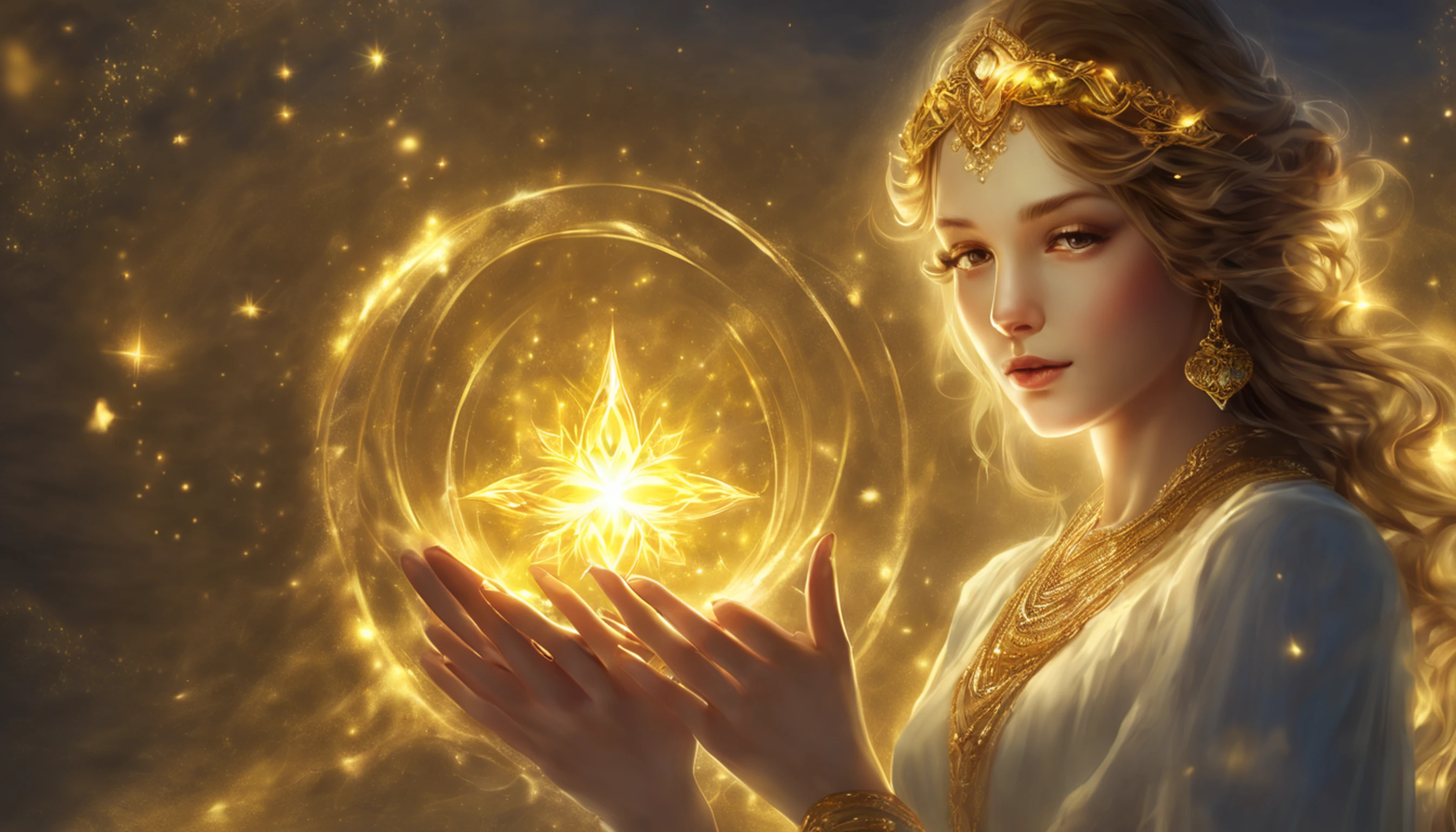 Deusa Dourada Freyer, Deusa Majestosa do Amor e da Magia, Your hands glow with mysterious power.Her hands glow warm and enchanting.His presence is a light of hope and joy.Her golden aura is、It is a glowing golden aura of love and protection.Brilho da estrela cadente、Luar dourado、Dedo bonito、Detailed heart glow at your fingertips、