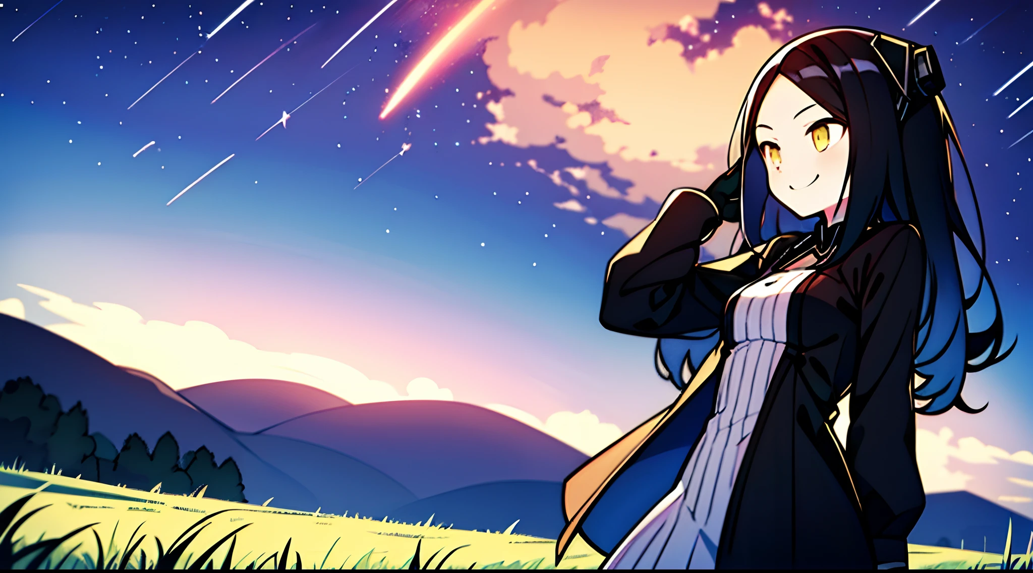 dreamer(girls frontline), 1girl, breasts, solo, black hair, yellow eyes, long hair, sangvis ferri, hair between eyes, small breasts, android, black dress, pale skin, very long hair, detached sleeves, looking into the sky, green grass field, peaceful, high res, ultrasharp, 8K, masterpiece, smiling warmly, black hand gloves, night time, sky full of stars, shooting star, comet, jacket over shoulder