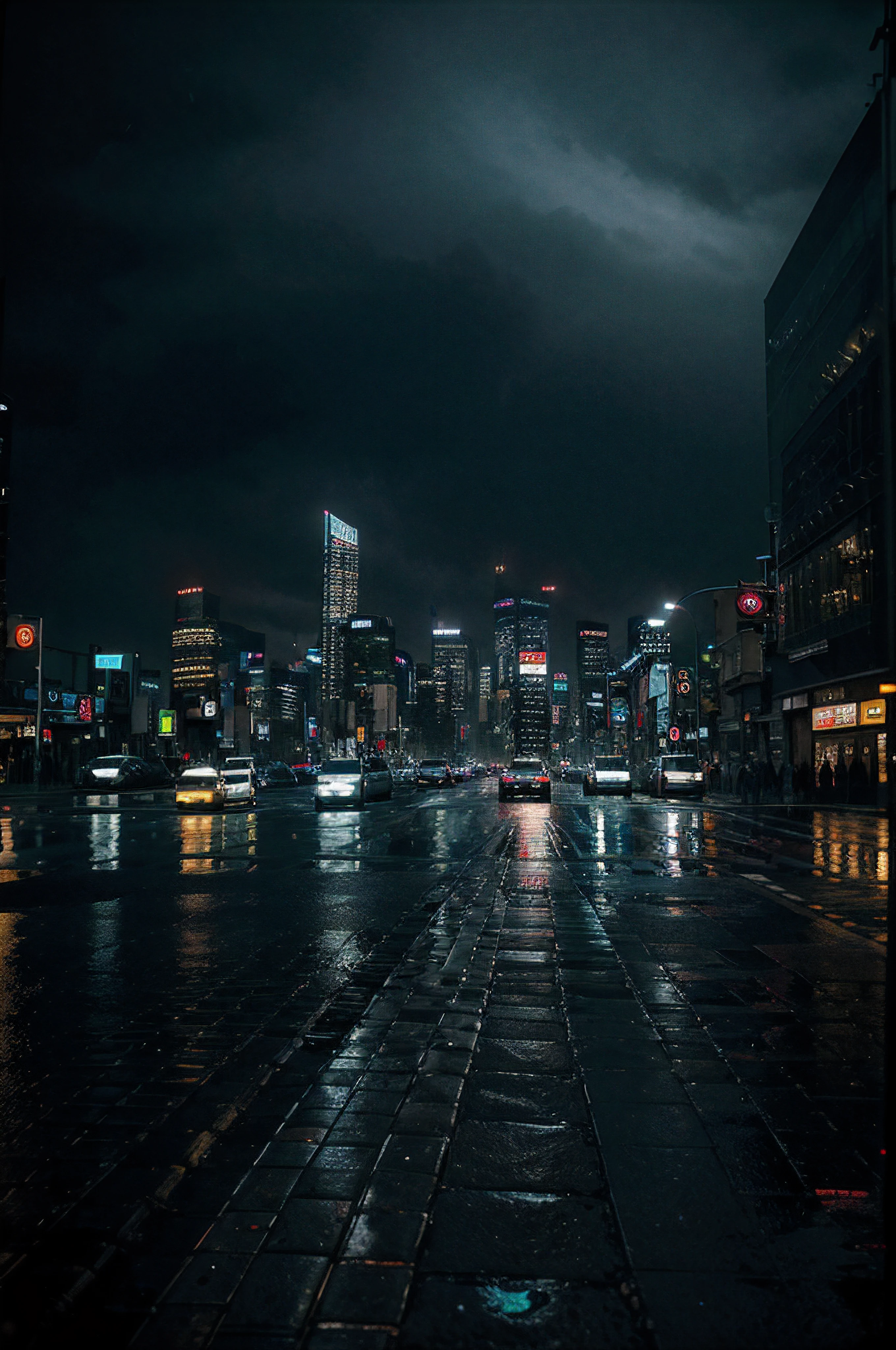 A bustling, rain-soaked cityscape at night, with skyscrapers stretching into the dark sky. Neon signs and car headlights create a vivid contrast against the black backdrop.