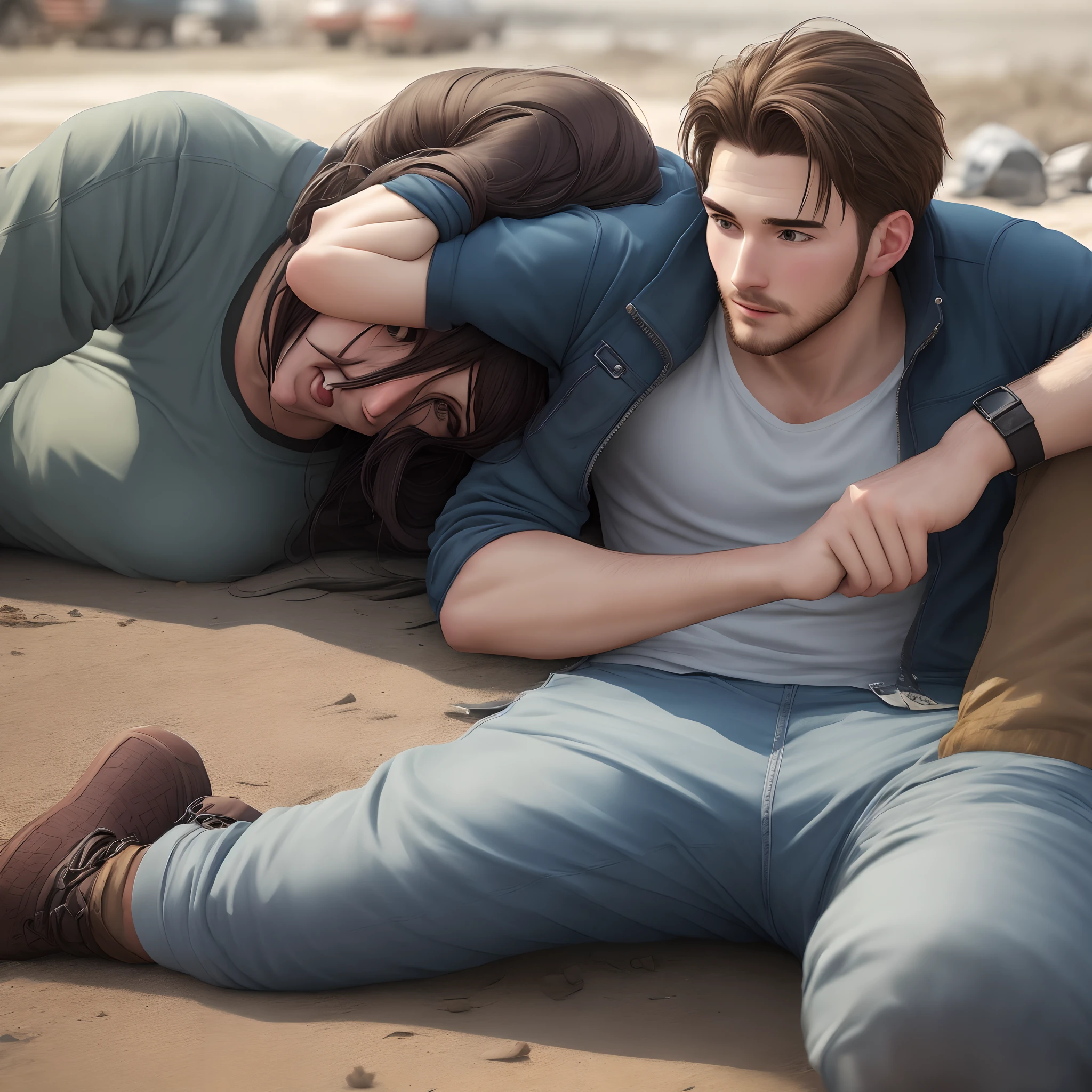 The man in his 45s with black very short hair and smooth face with moustache. The woman in her 45s with brown wavy long hair. The man is wearing an unbuttoned white shirt and black trousers. The woman is wearing a black dresses with a slit. Night. Dark. On the sand. A campfire burns next to them. Missionary sex. The woman is moaning. Orgasm. Passion. Erotic. Realistic. Ultra realistic.