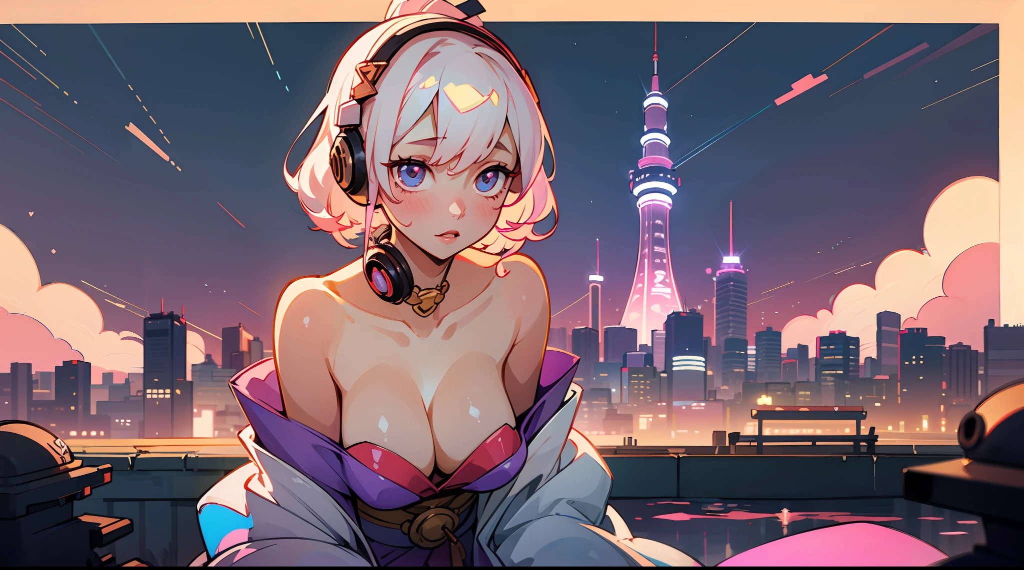 sexy anime 1girl ,headphone, glowing skin , beautiful background , beautiful sky, aesthetic ,venilla ,night ,cleavage, japan, tokyo city