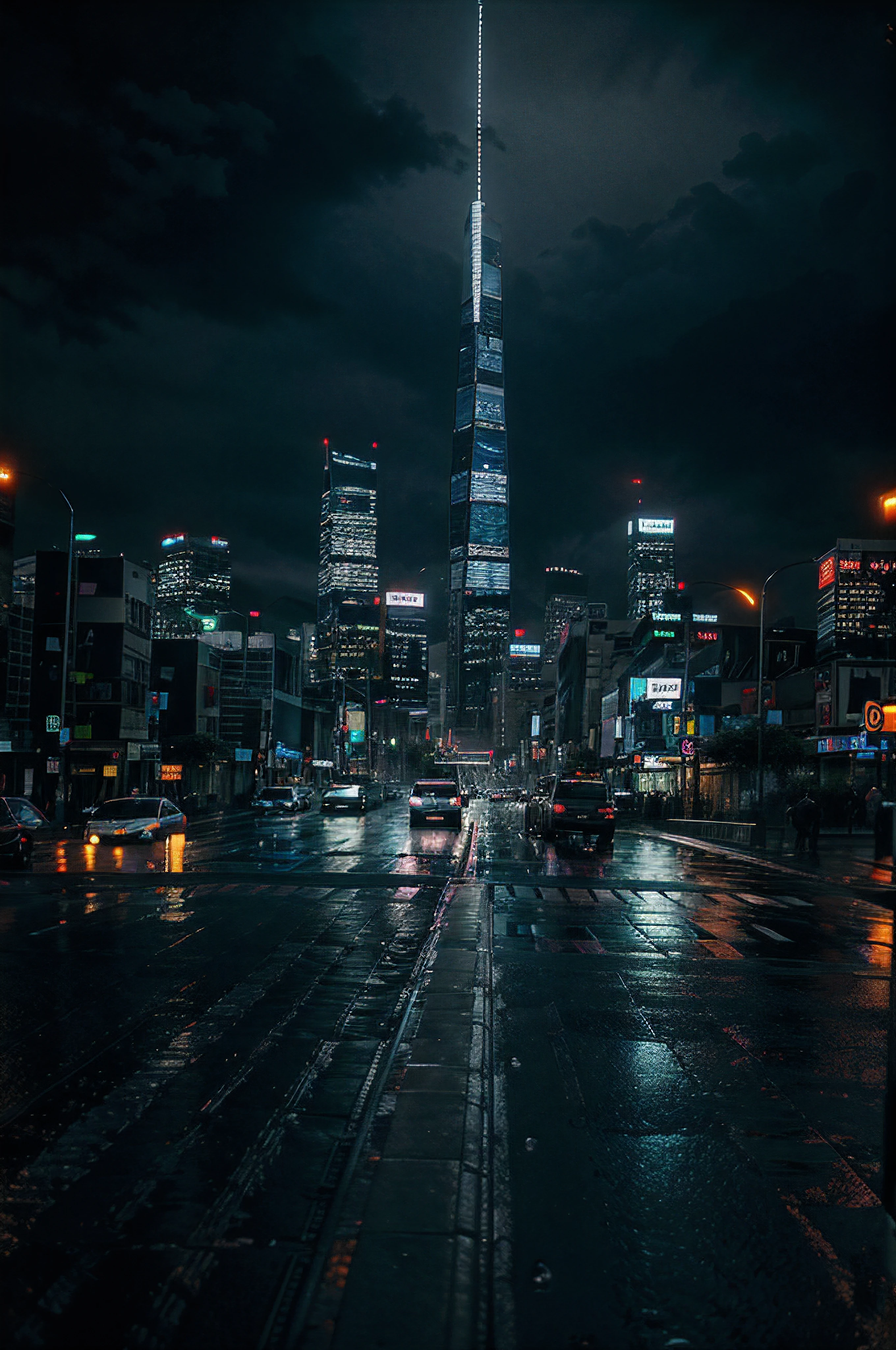 A bustling, rain-soaked cityscape at night, with skyscrapers stretching into the dark sky. Neon signs and car headlights create a vivid contrast against the black backdrop.