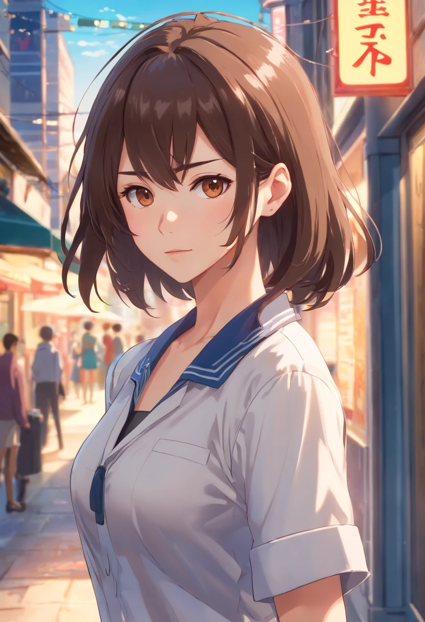 ((Best quality, 8k, Masterpiece :1.3)), Sharp focus :1.2, A pretty woman with perfect figure :1.4, Slender abs :1.2, ((Dark brown hair, Big breasts :1.2)), (White button up long shirt :1.1), City street:1.2, Highly detailed face and skin texture, Detailed eyes, Double eyelid