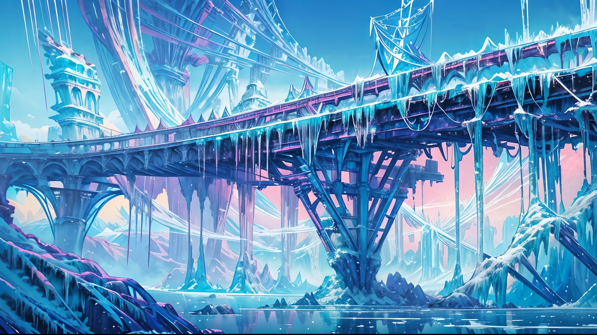 masterpiece, concept art, close shot, shot from below, steampunk bridge rail with (rime ice:1.5), full of pipes, ice world, blue and purple color pallet, (epic composition, epic proportion), (beautiful and aesthetic:1.5), zentangle, fractal art, hypermaximalism, HD,