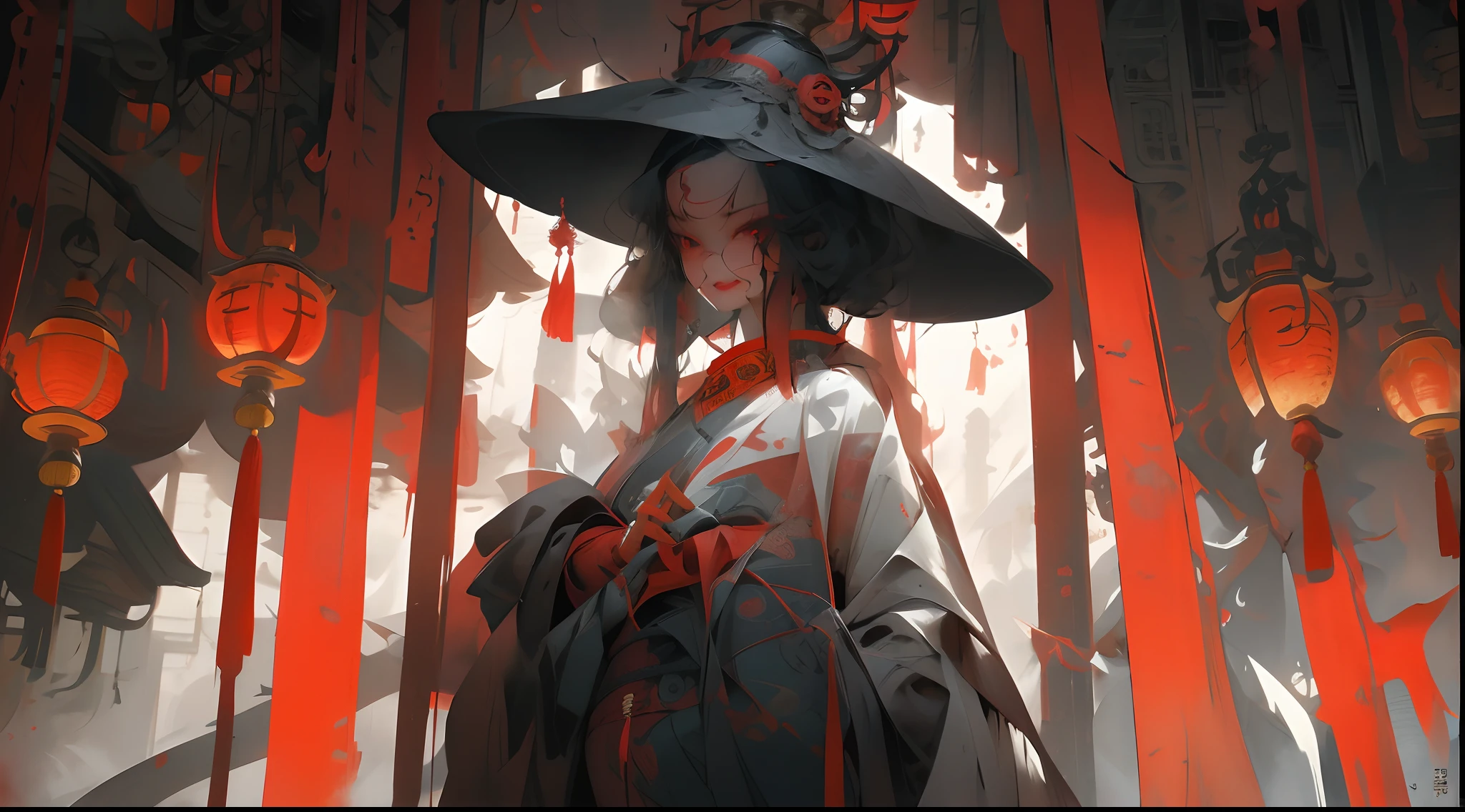 Chinese horror,Chinese style buildings,red colour,Big bucket hat,One guy,Exquisite facial features,Dressed in period costume,incantation,Mature male,Very thin man,villain,nigth,Faint light,Black color hair,Chinese architecture in the background,Big fish begonia,Red lanterns,Terrifying laughter,Lots of rope,red color eyes,Provocative laughter,Grinning,artbook artwork, full art illustration, offcial art, Official artwork HDR, Propaganda art, Character Album Cover, light novel cover art, Official artwork, novel cover