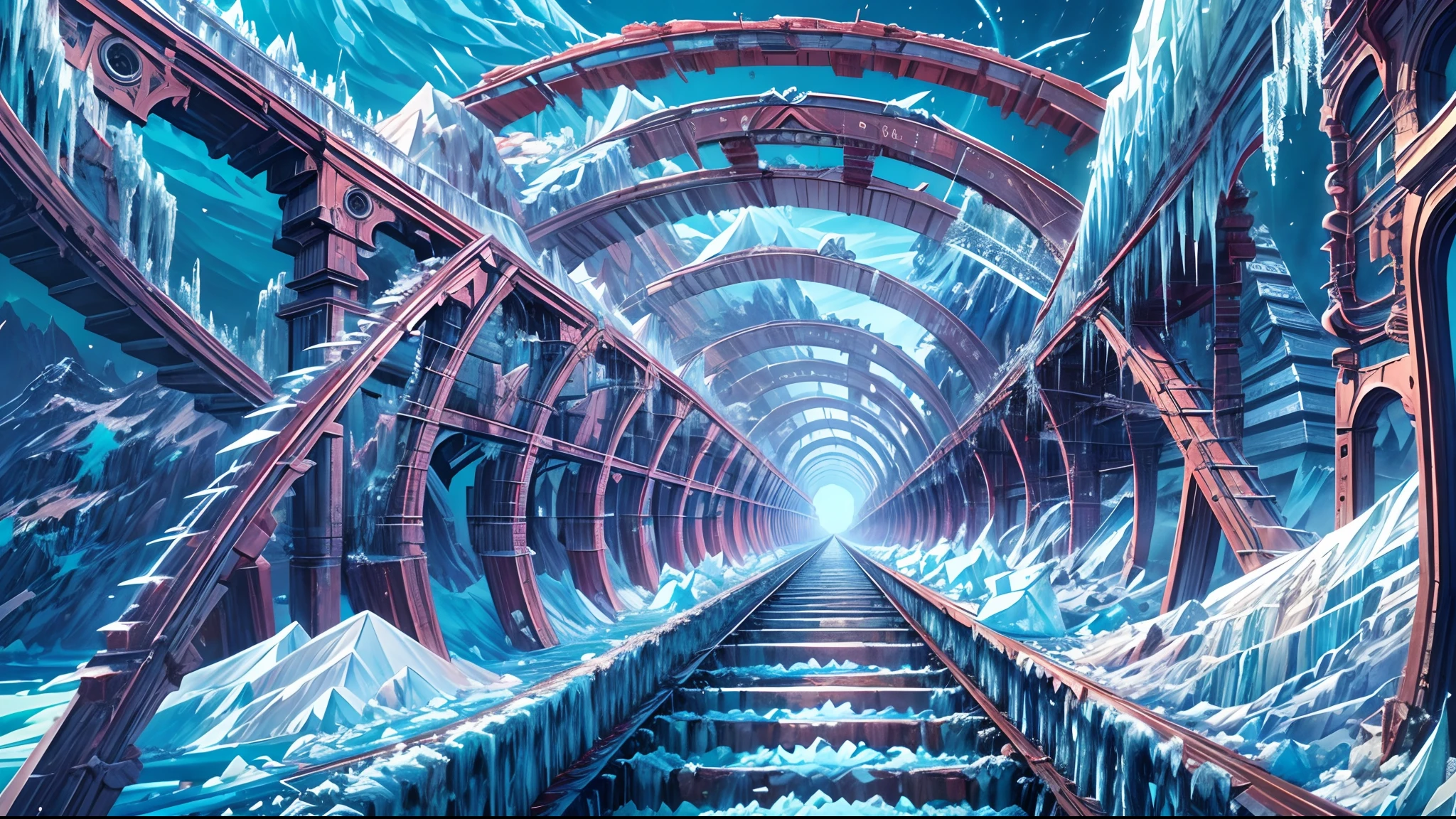 masterpiece, concept art, close shot, shot from below, steampunk bridge rail with (rime ice:1.5), full of pipes, ice world, blue and purple color pallet, (epic composition, epic proportion), (beautiful and aesthetic:1.5), zentangle, fractal art, hypermaximalism, HD,