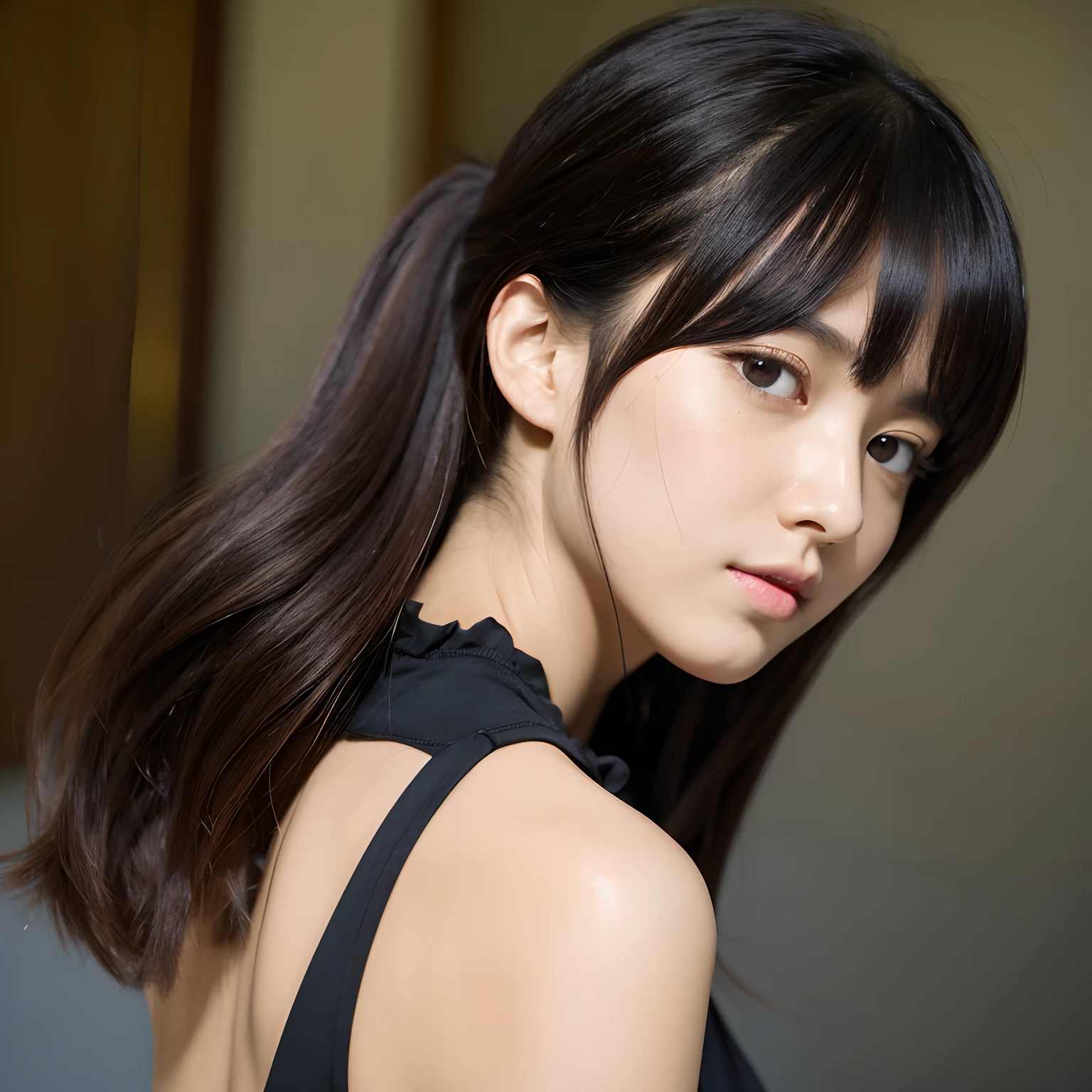masutepiece, Best Quality, Ultra-detailed, Best Shadow, beautifull detailed face, Beautiful detailed eyes, High contrast,, 1girl in, Petite, (flat chest), Bangs, Hair over one eye, Black bare shoulders,, White background:1.3, (Face Focus:1.3, Close-up of the eyes:1.3), ((from behind:1.3)), Ass,Colossal tits