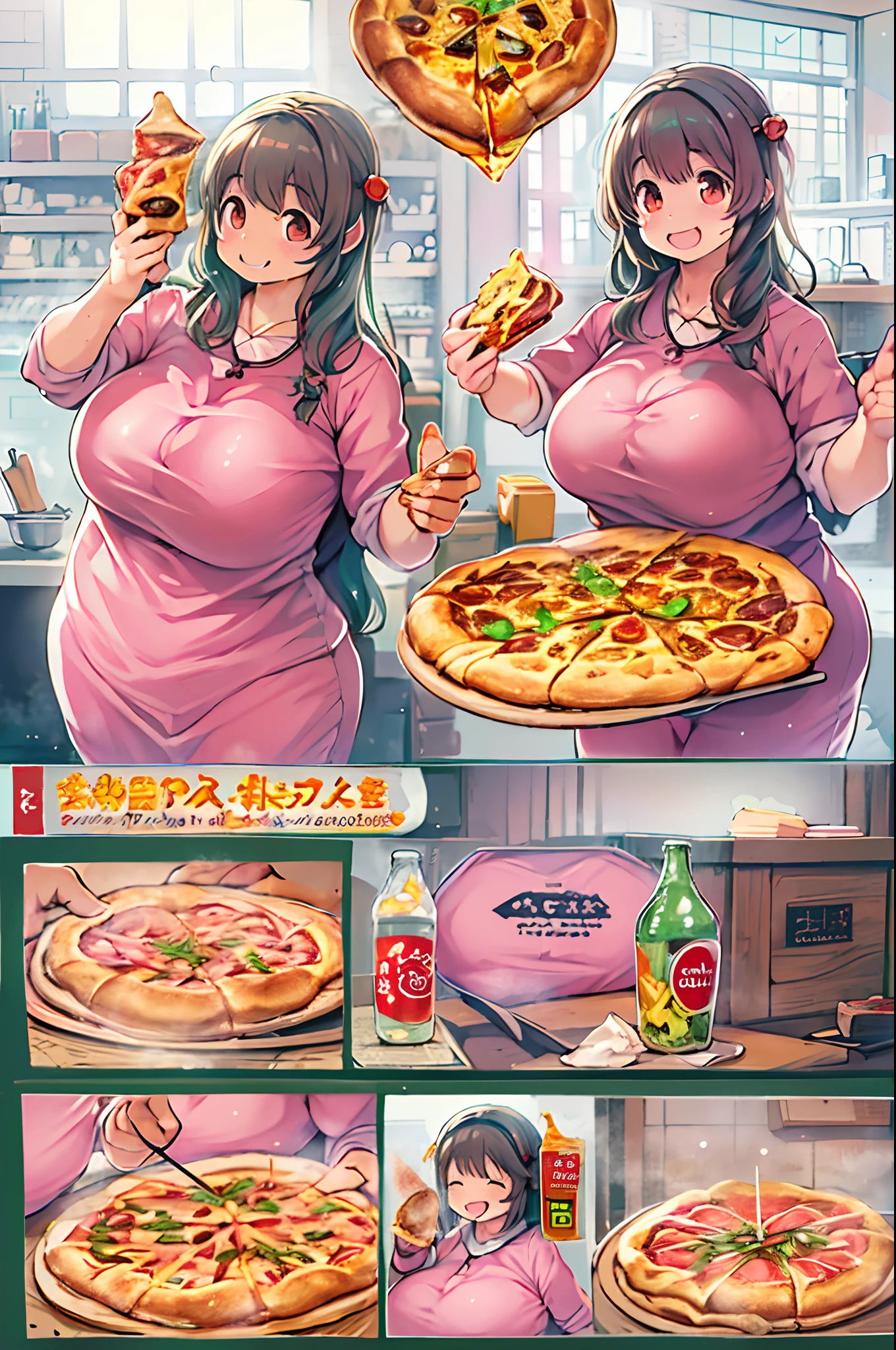 masutepiece, Best Quality, 女の子1人、huge-breasted、bbw、Holding (Giant pizza slices)1.5、Thumbs up、huge smile、Plastic bottles of cola、