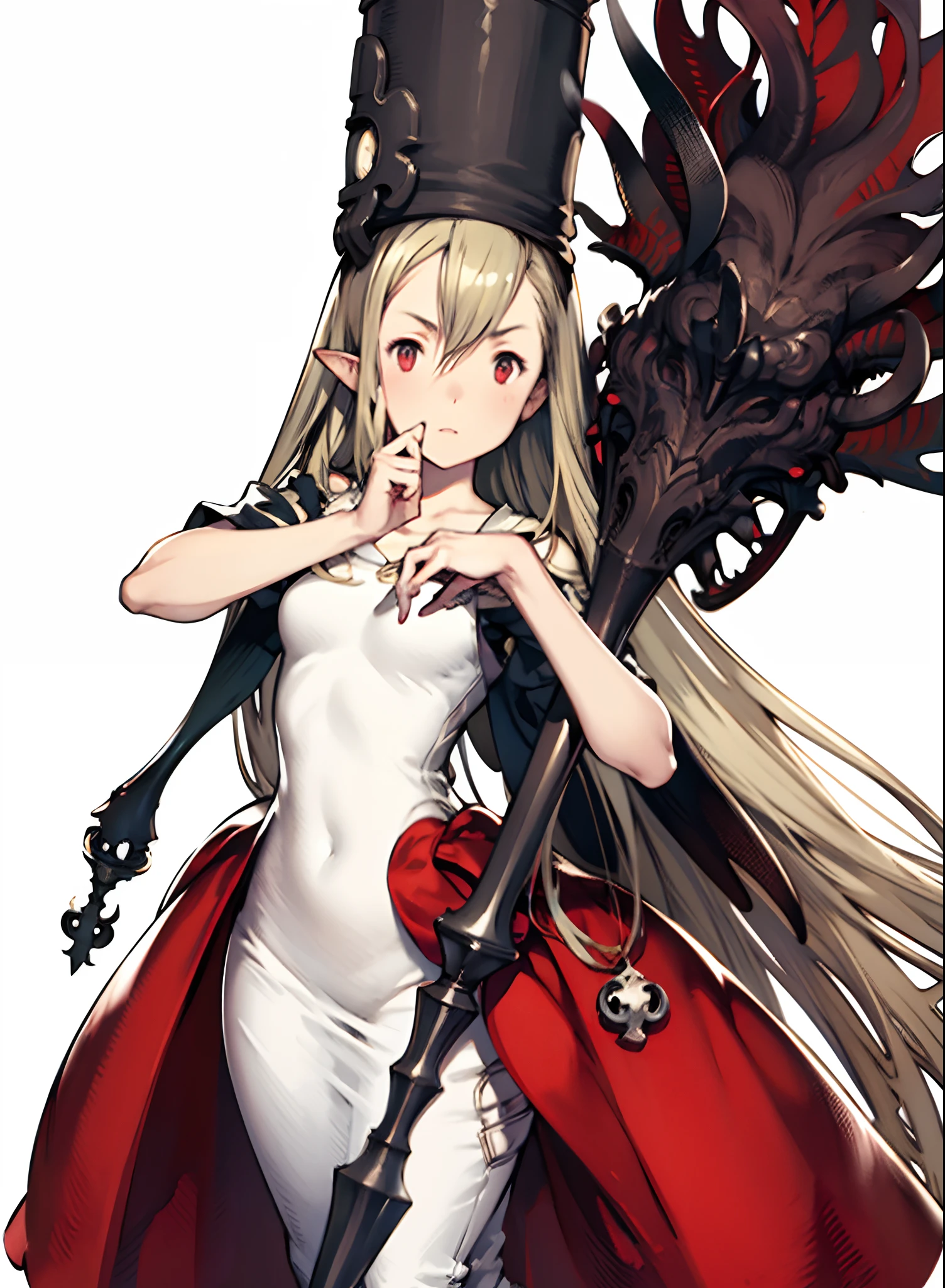 yoshida akihiko, 1girl, bravely default: flying fairy, bravely default \(series\), Nier, final fantasy, red eyes, hat, staff, long ears