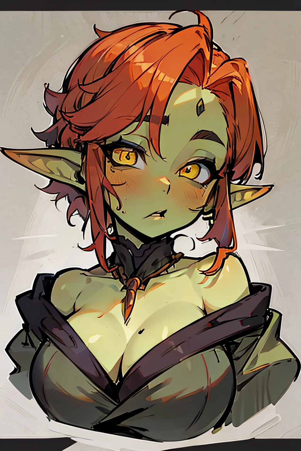 Goblin Girl,Redhead, Robber's clothes, Sorcerer Archaeus, Yellow eyes, black make-up, Portrait in DND style